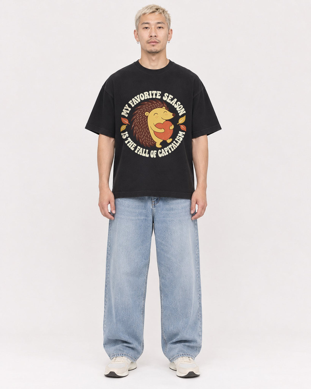 Mockup Boxy Heavyweight Tee Black male full-body 33