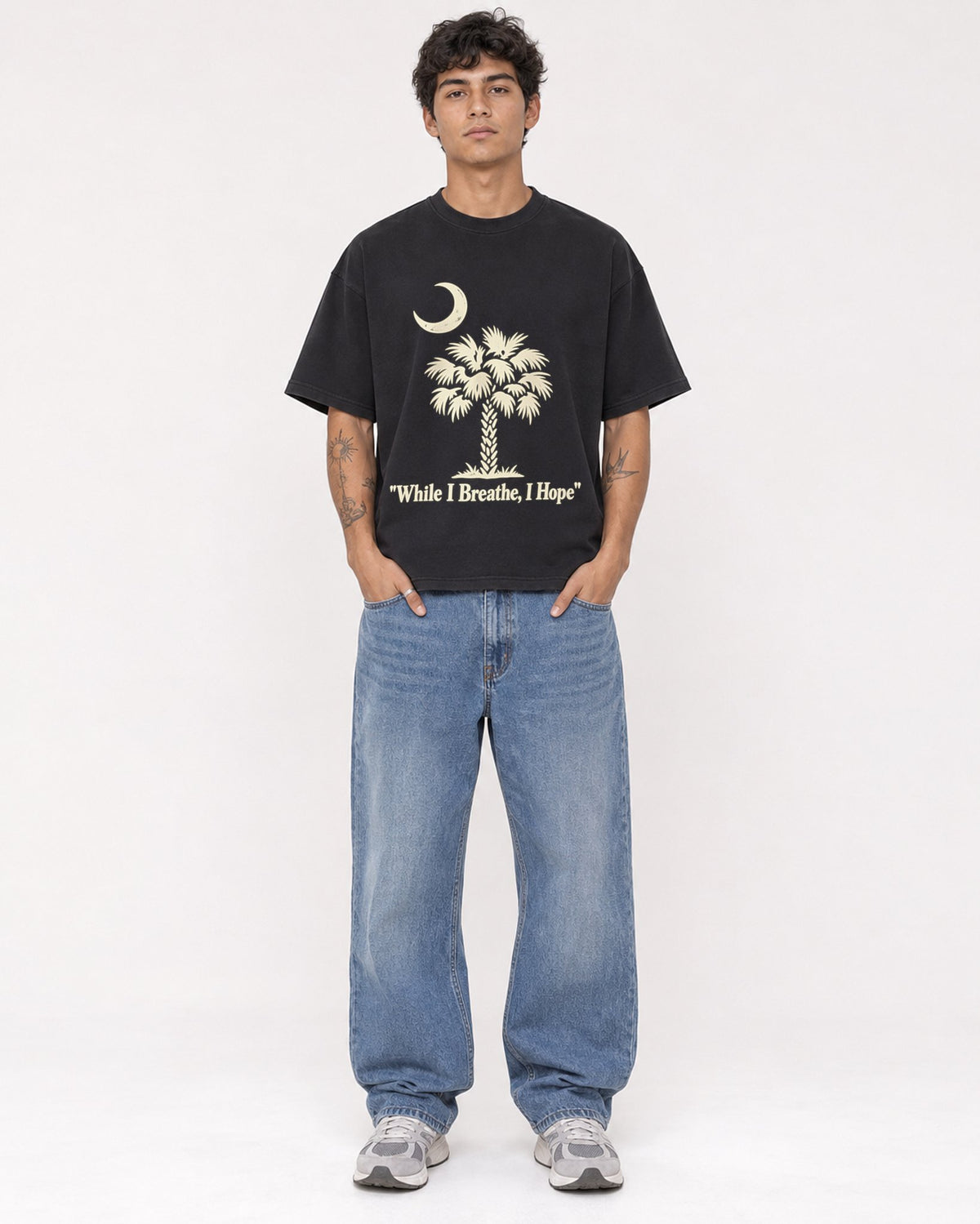 Mockup Boxy Heavyweight Tee Black male full-body 06