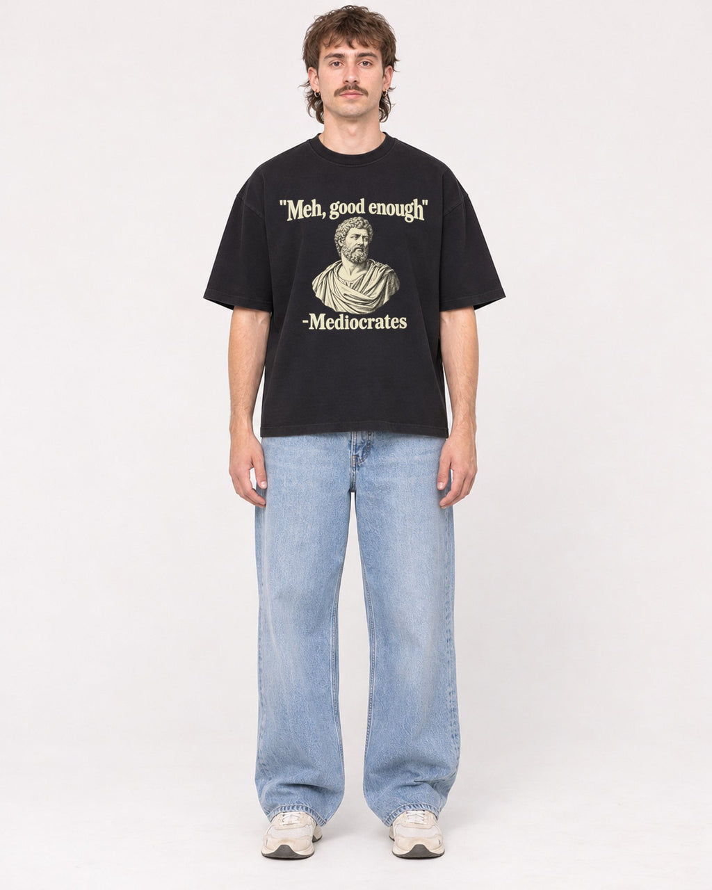 Mockup Boxy Heavyweight Tee Black male full-body 29