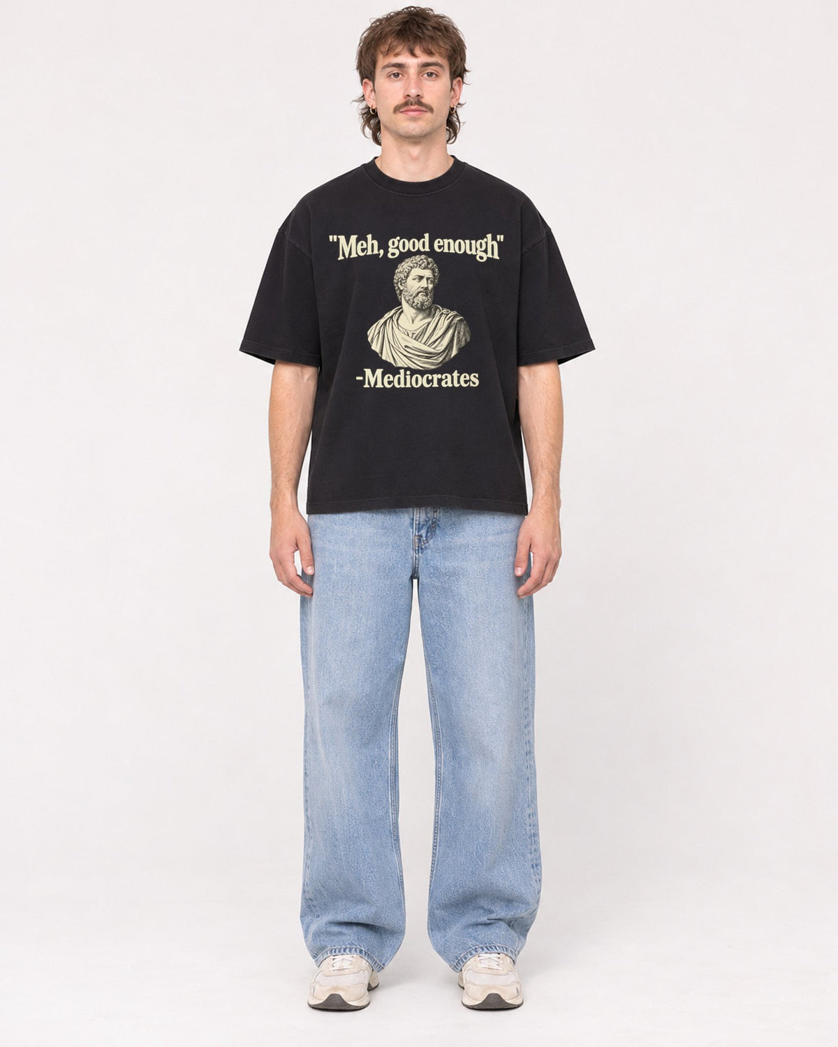 Mockup Boxy Heavyweight Tee Black male full-body 29
