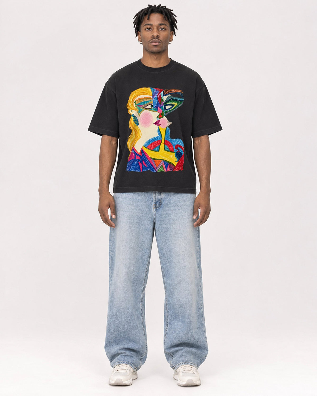 Mockup Boxy Heavyweight Tee Black male full-body 05