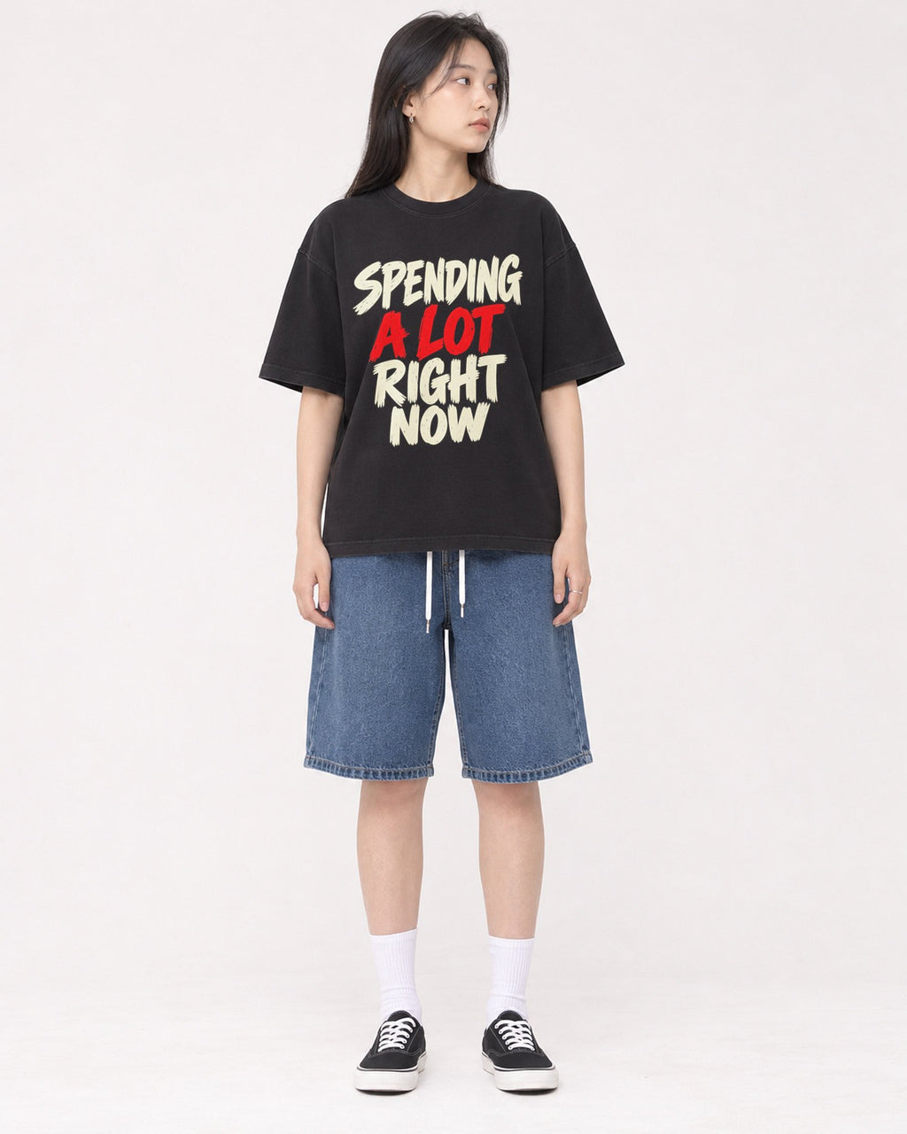 Mockup Boxy Heavyweight Tee Black female full-body 01