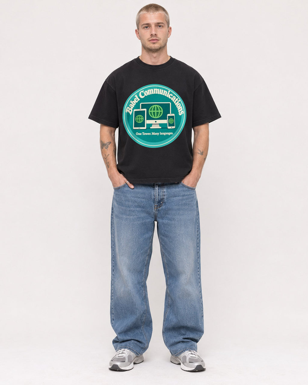 Mockup Boxy Heavyweight Tee Black male full-body 18