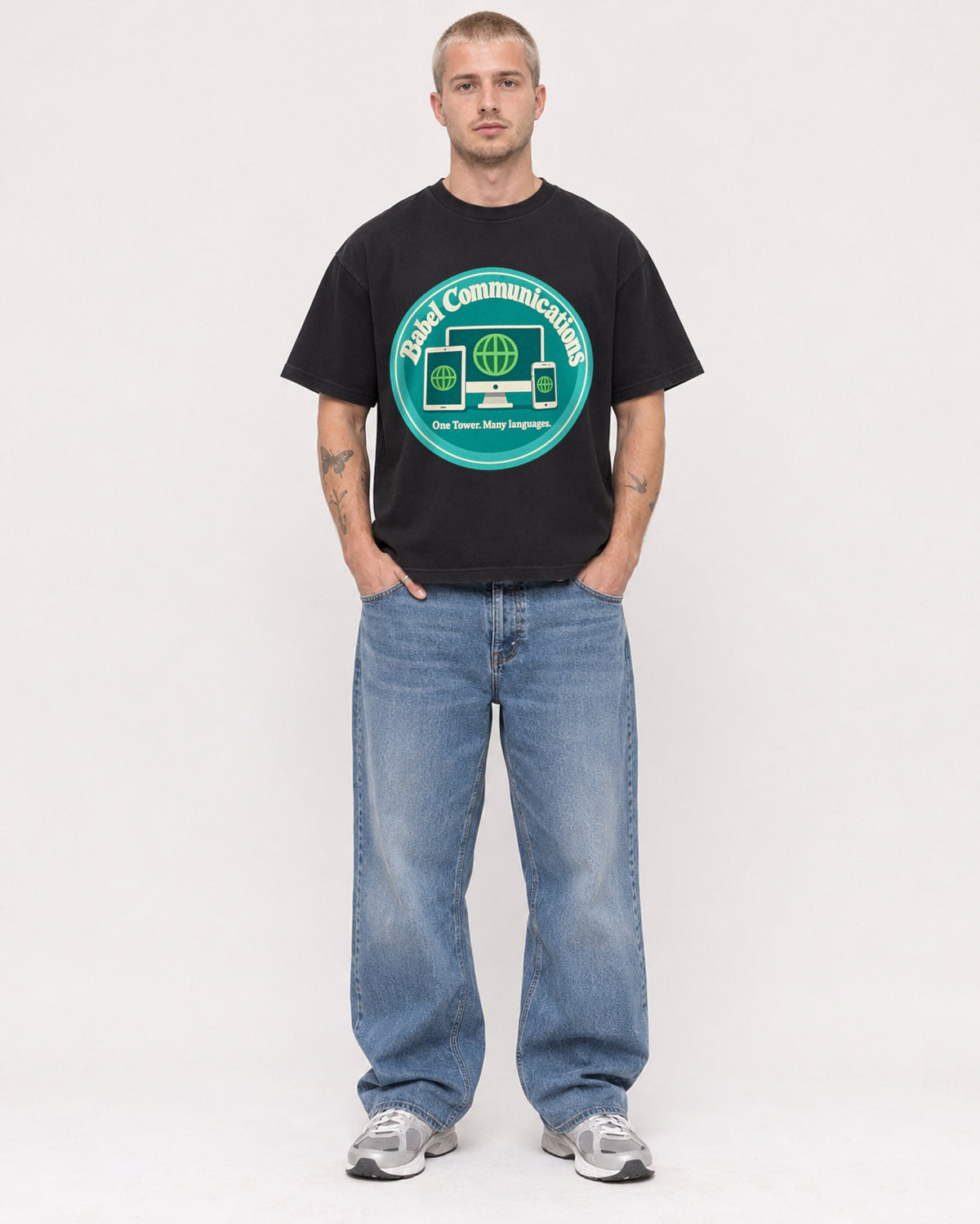 Mockup Boxy Heavyweight Tee Black male full-body 18