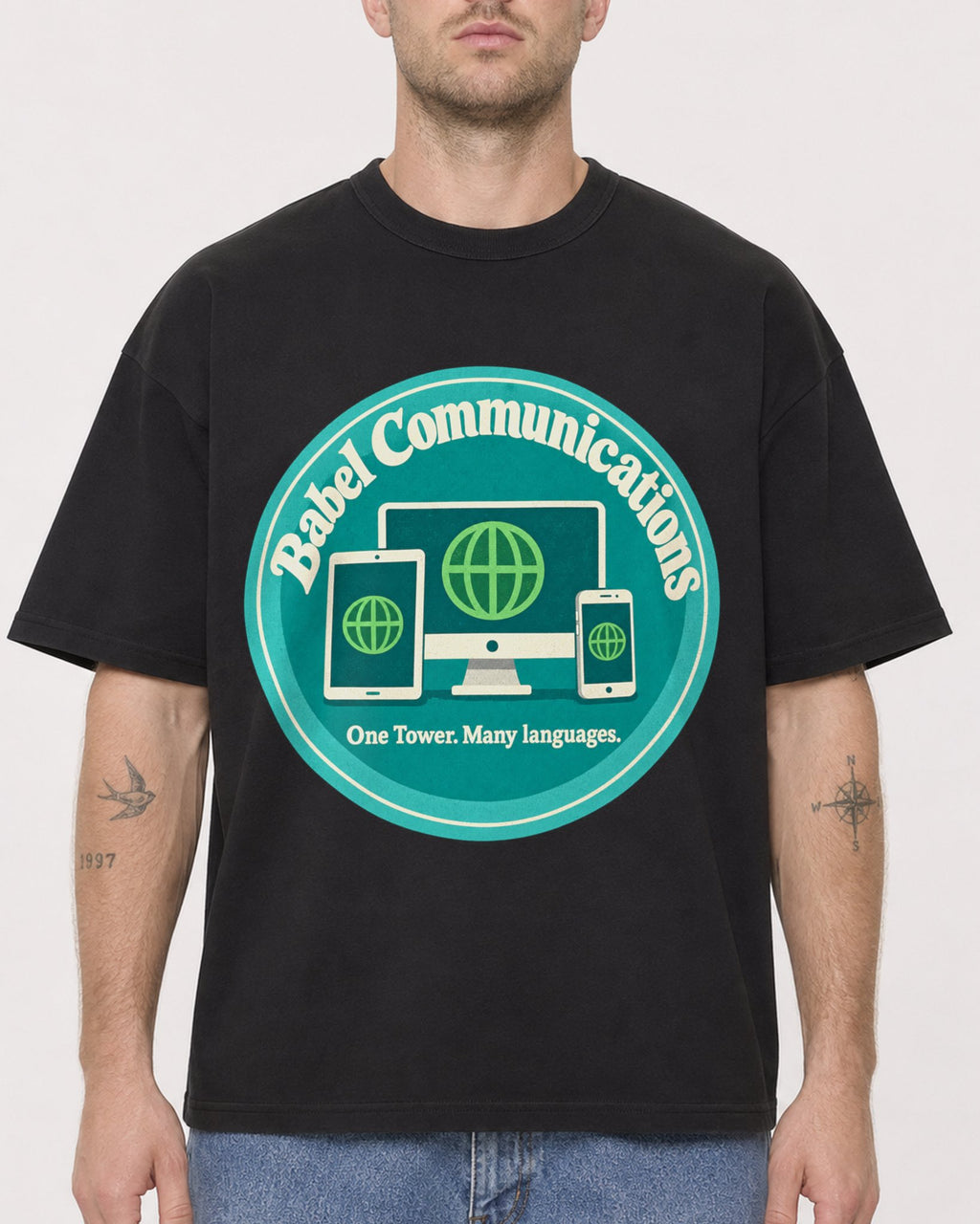 Mockup Boxy Heavyweight Tee Black male close-up 18