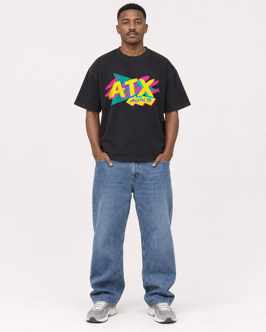 Mockup Boxy Heavyweight Tee Black male full-body 14