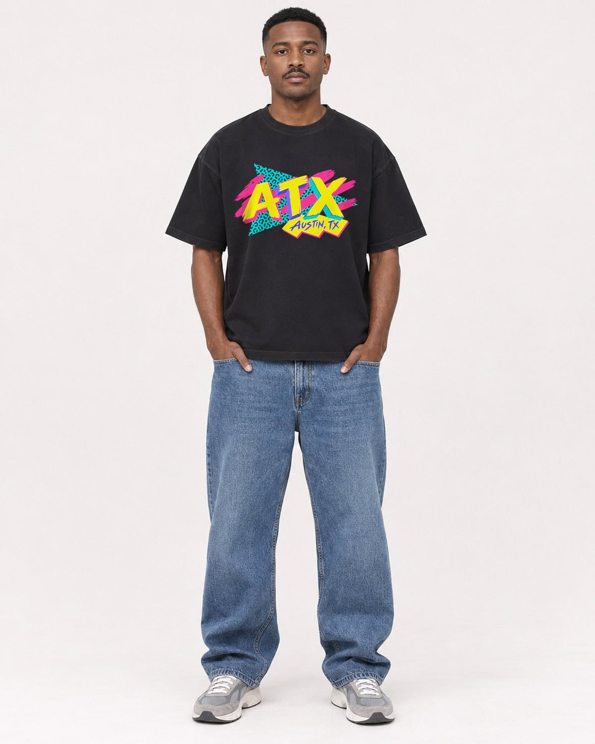 Mockup Boxy Heavyweight Tee Black male full-body 14