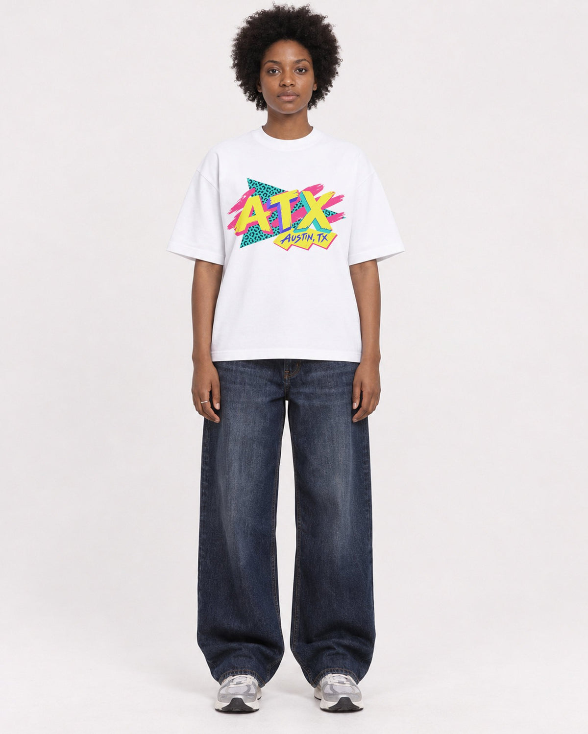 Mockup Boxy Heavyweight Tee White female full-body 14