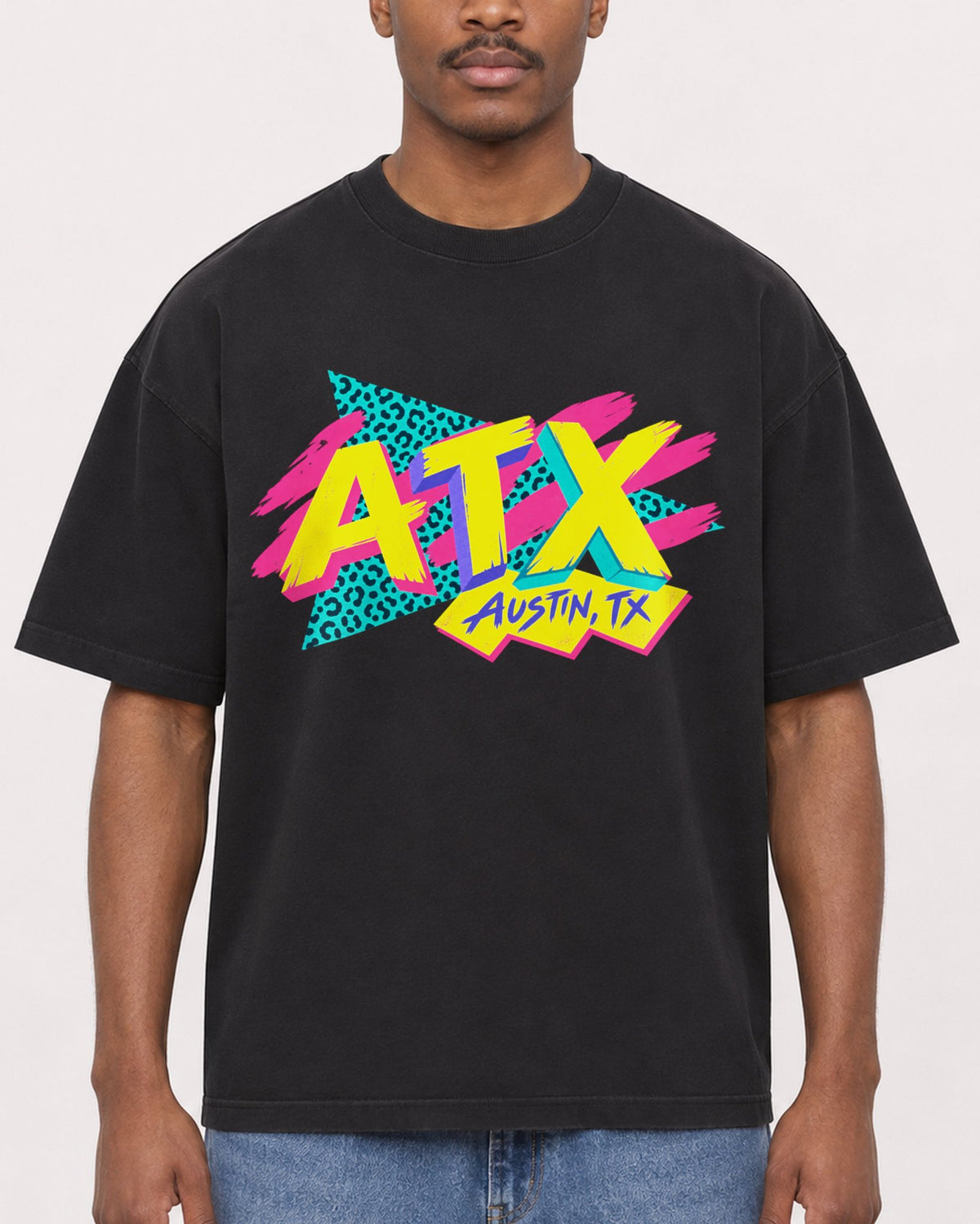 Mockup Boxy Heavyweight Tee Black male close-up 14