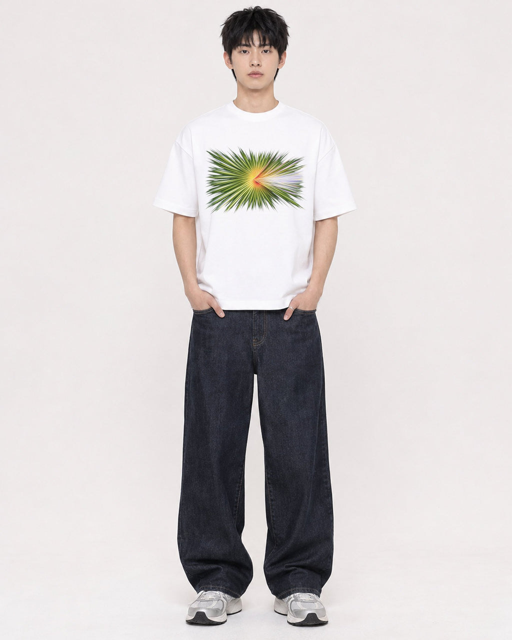 Mockup Boxy Heavyweight Tee White male full-body 01