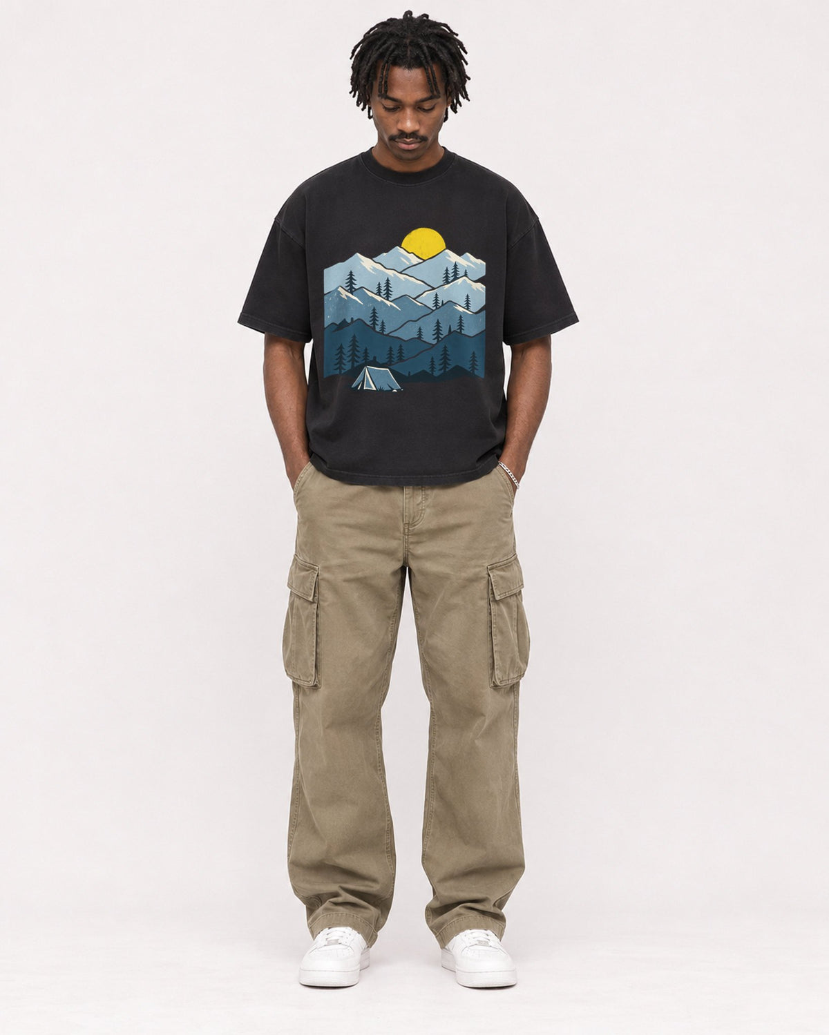 Mockup Boxy Heavyweight Tee Black male full-body 04