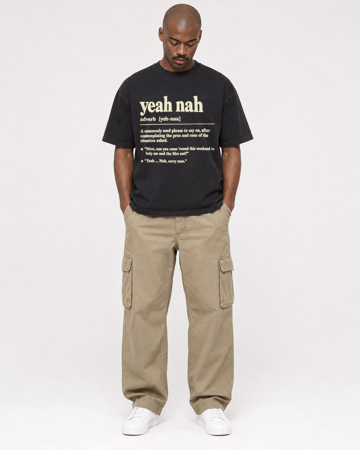 Mockup Boxy Heavyweight Tee Black male full-body 44