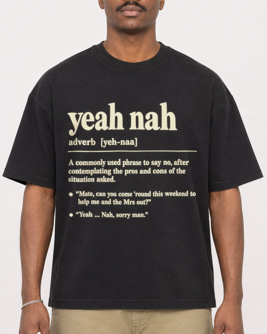 Mockup Boxy Heavyweight Tee Black male close-up 44