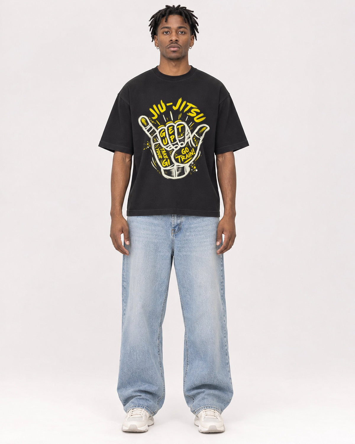 Mockup Boxy Heavyweight Tee Black male full-body 05