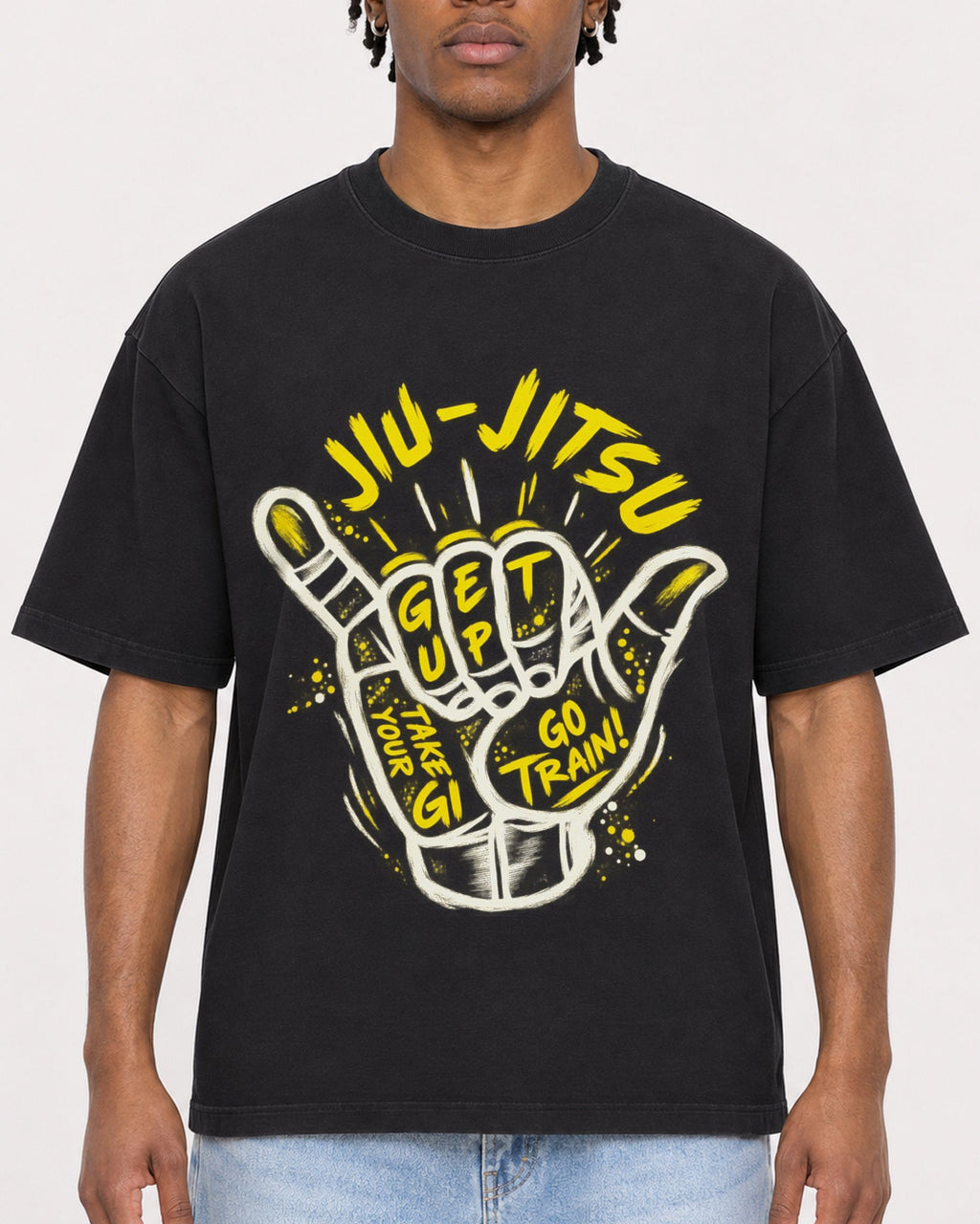 Mockup Boxy Heavyweight Tee Black male close-up 05