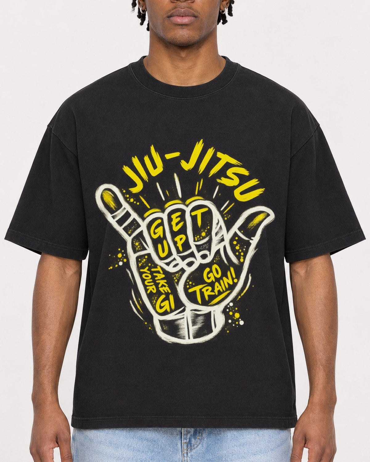 Mockup Boxy Heavyweight Tee Black male close-up 05