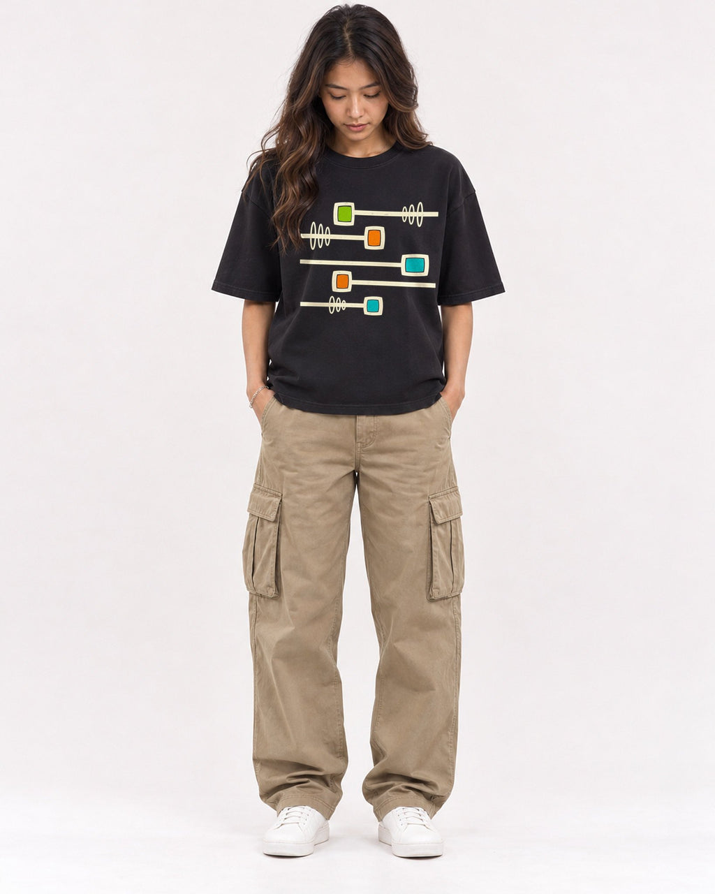 Mockup Boxy Heavyweight Tee Black female full-body 02