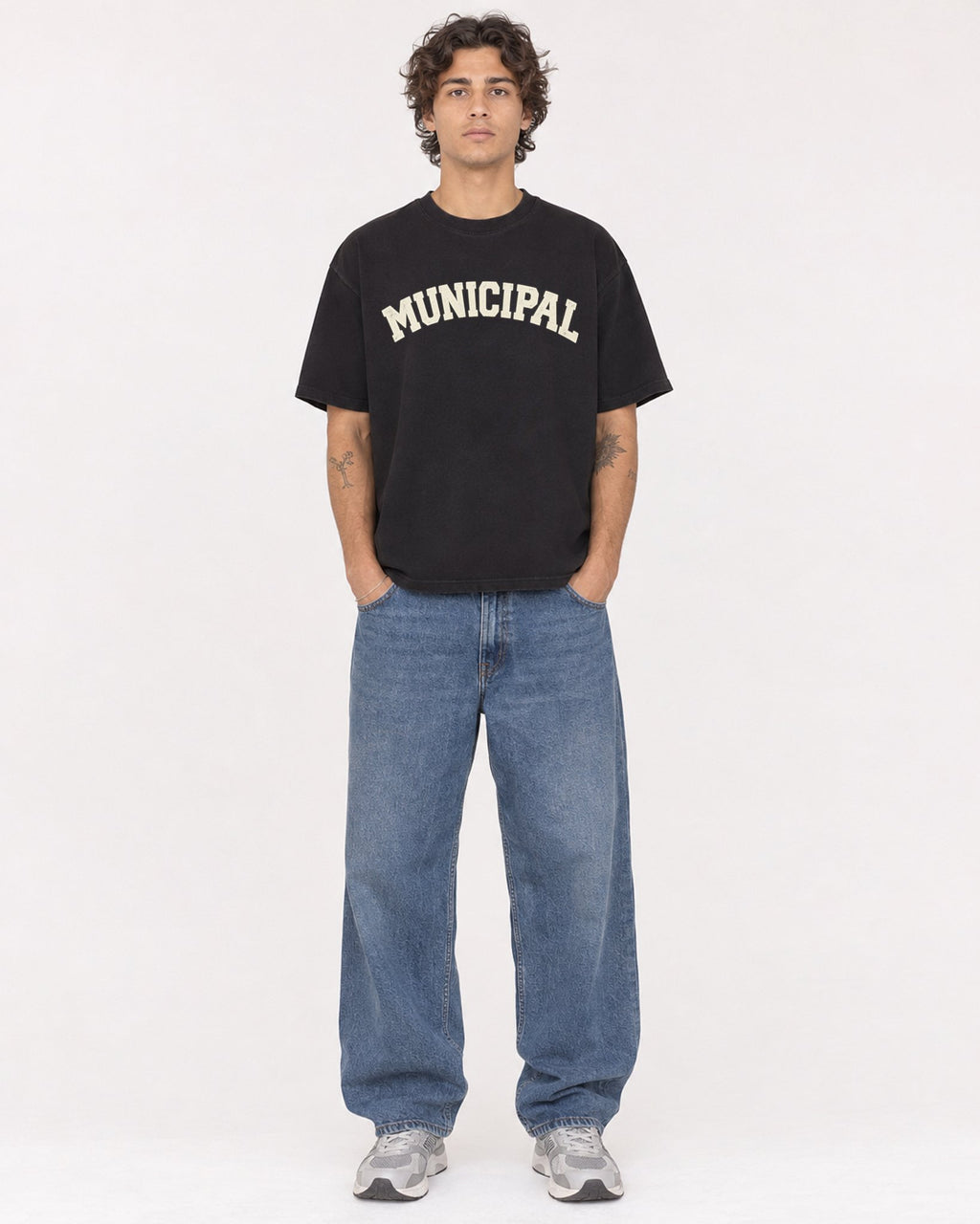 Mockup Boxy Heavyweight Tee Black male full-body 30