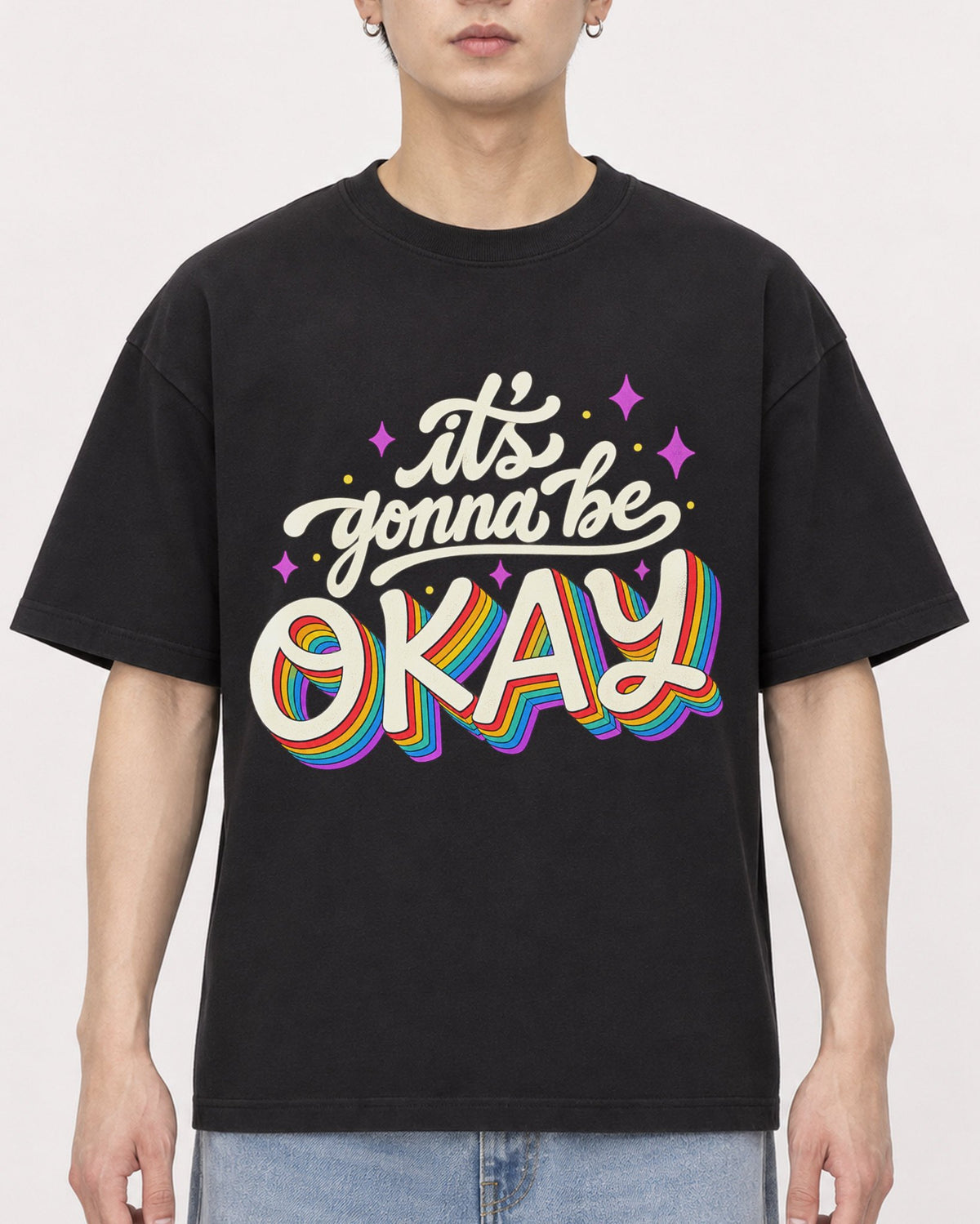 Mockup Boxy Heavyweight Tee Black male close-up 01