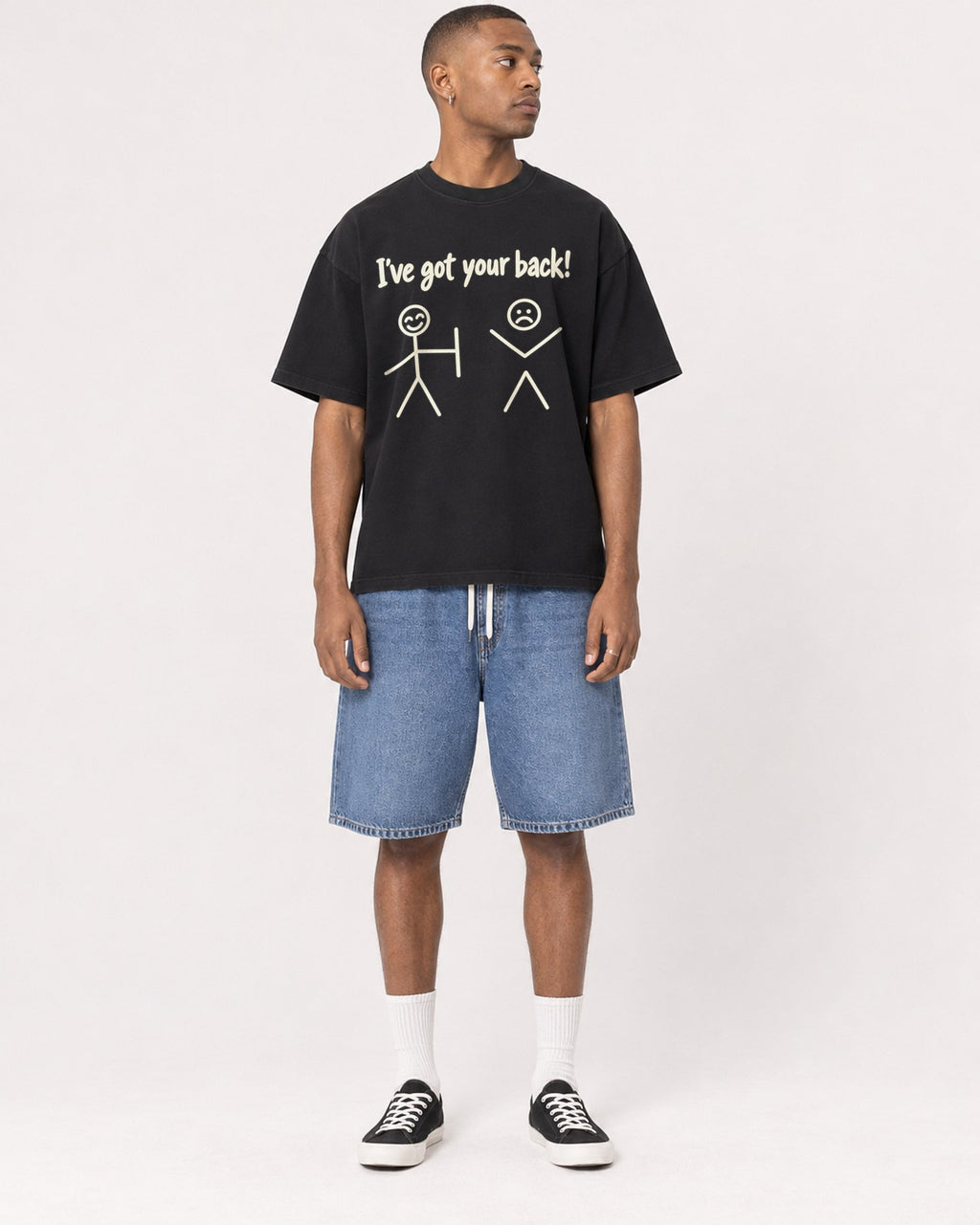 Mockup Boxy Heavyweight Tee Black male full-body 35