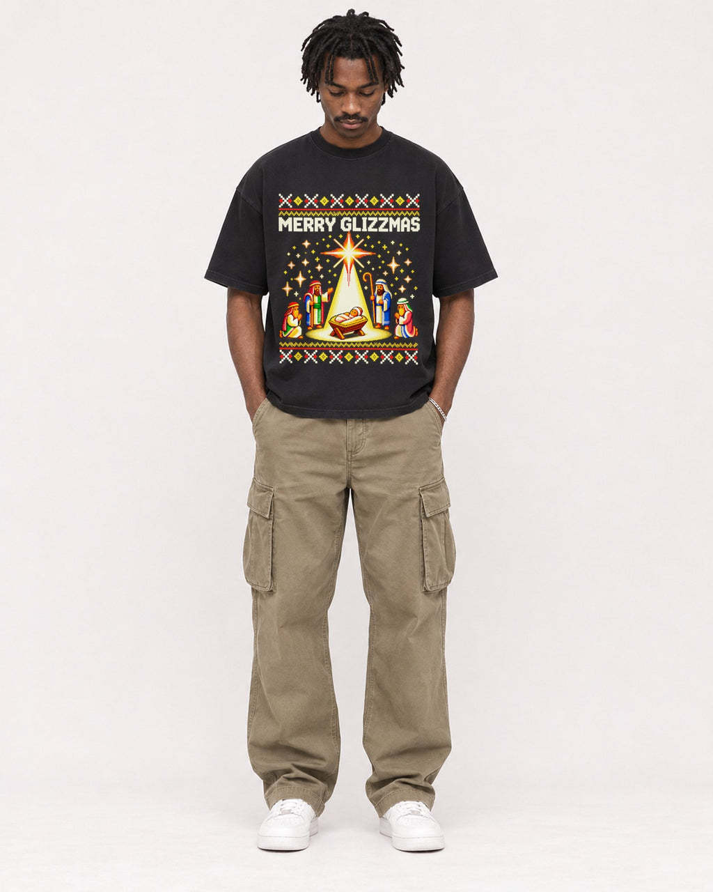 Mockup Boxy Heavyweight Tee Black male full-body 04