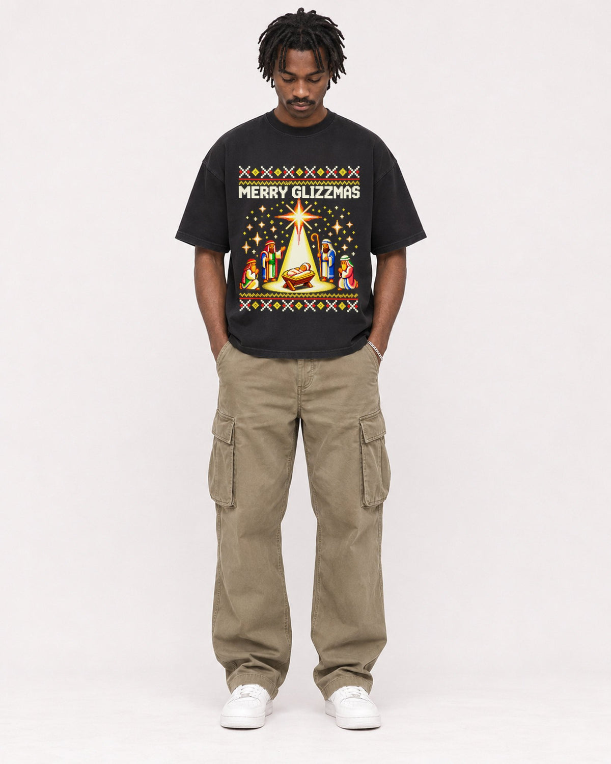 Mockup Boxy Heavyweight Tee Black male full-body 04