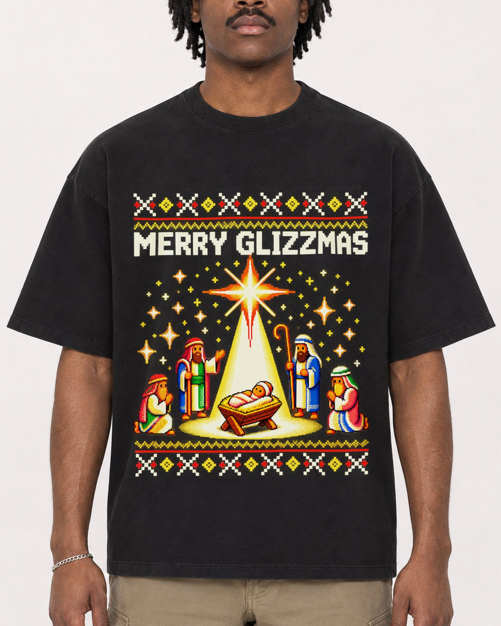 Mockup Boxy Heavyweight Tee Black male close-up 04