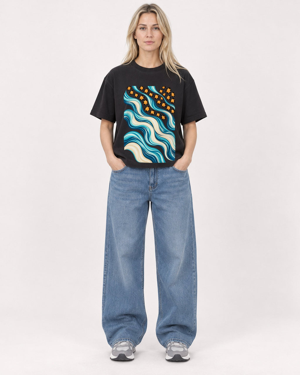 Mockup Boxy Heavyweight Tee Black female full-body 08