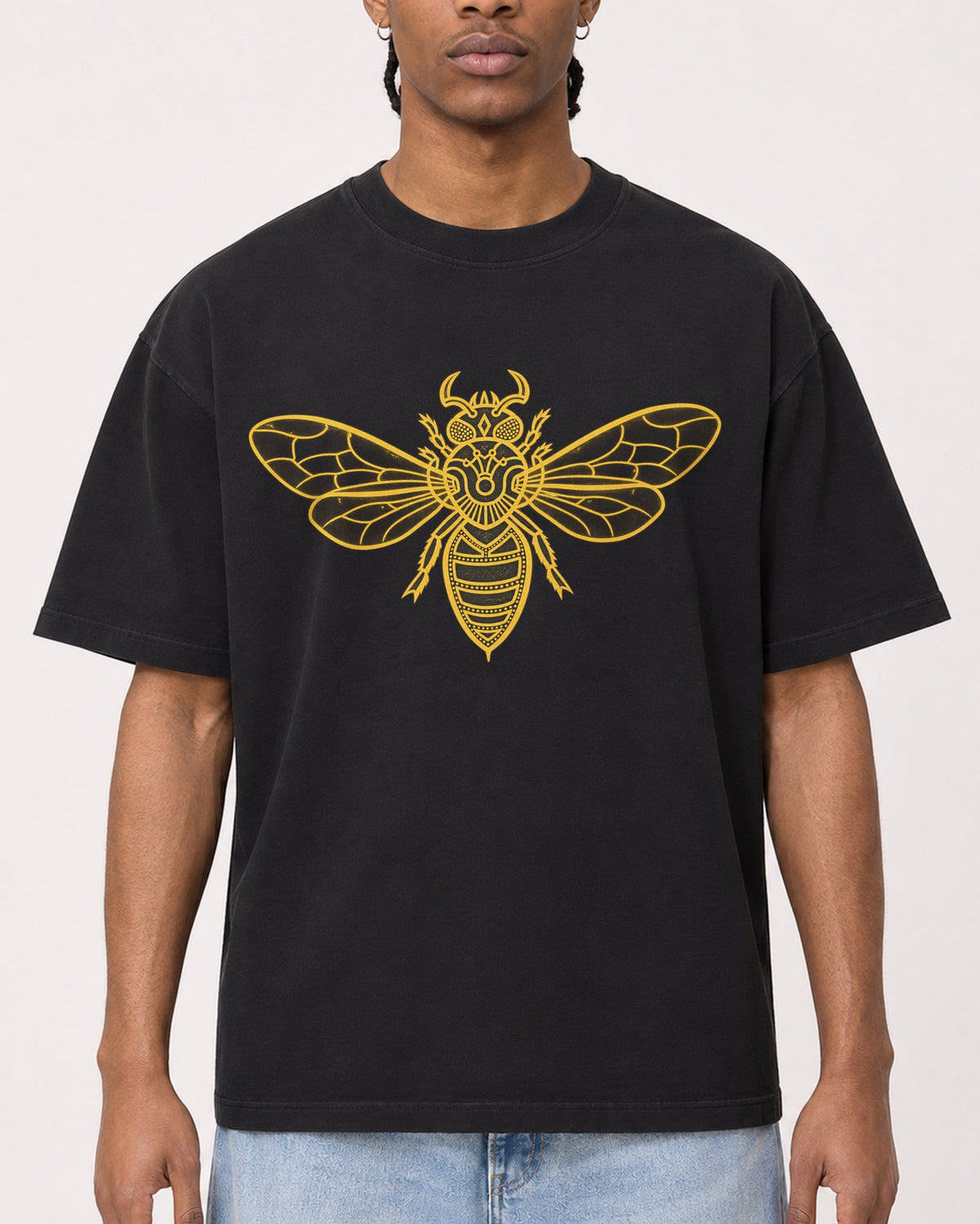 Mockup Boxy Heavyweight Tee Black male close-up 25