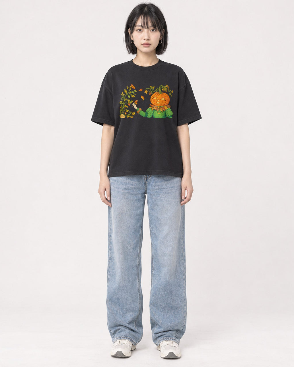 Mockup Boxy Heavyweight Tee Black female full-body 11
