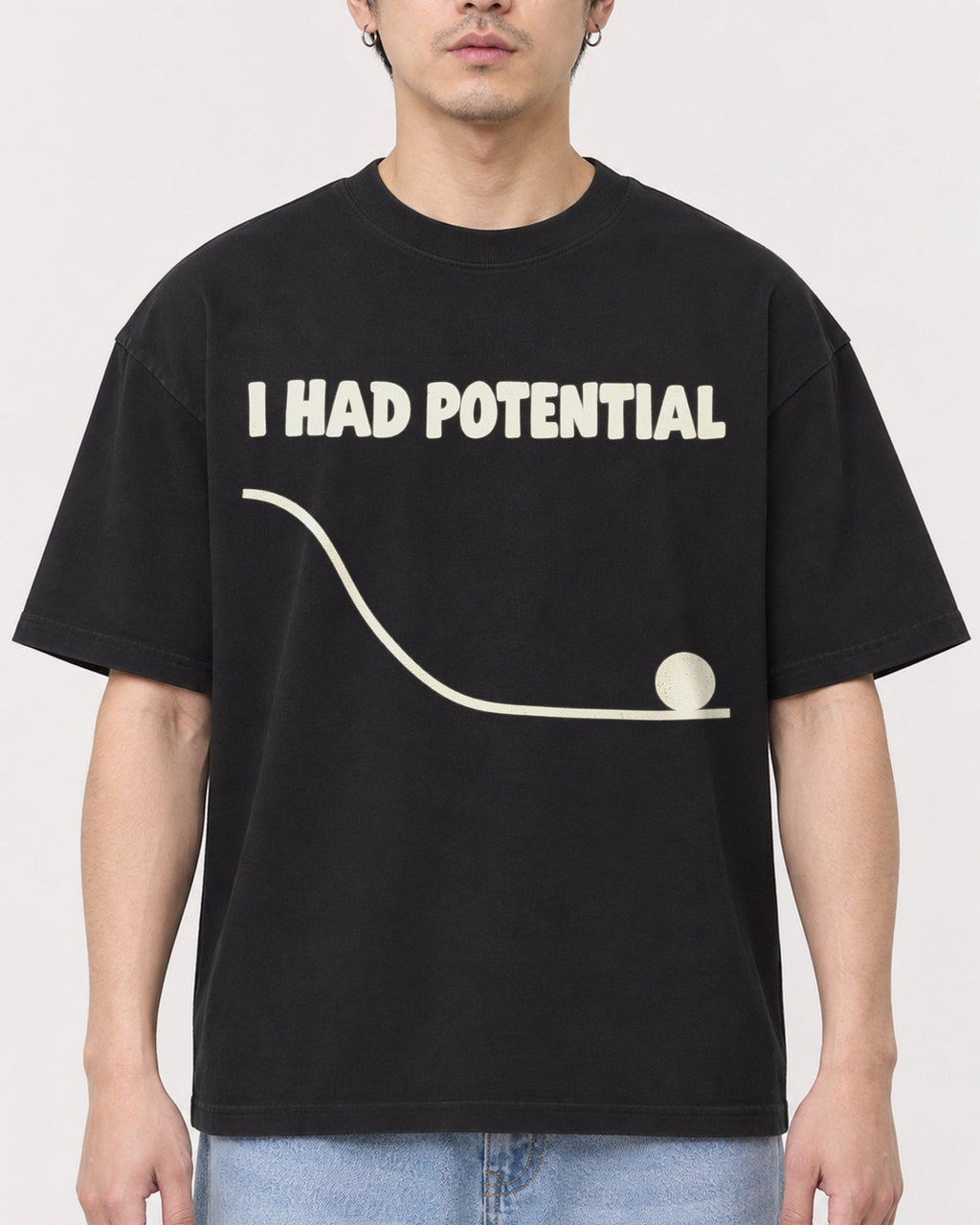 Mockup Boxy Heavyweight Tee Black male close-up 13