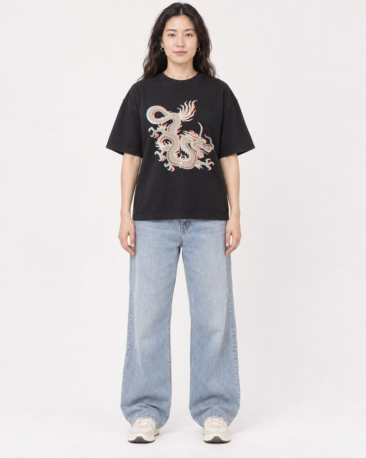 Mockup Boxy Heavyweight Tee Black female full-body 03
