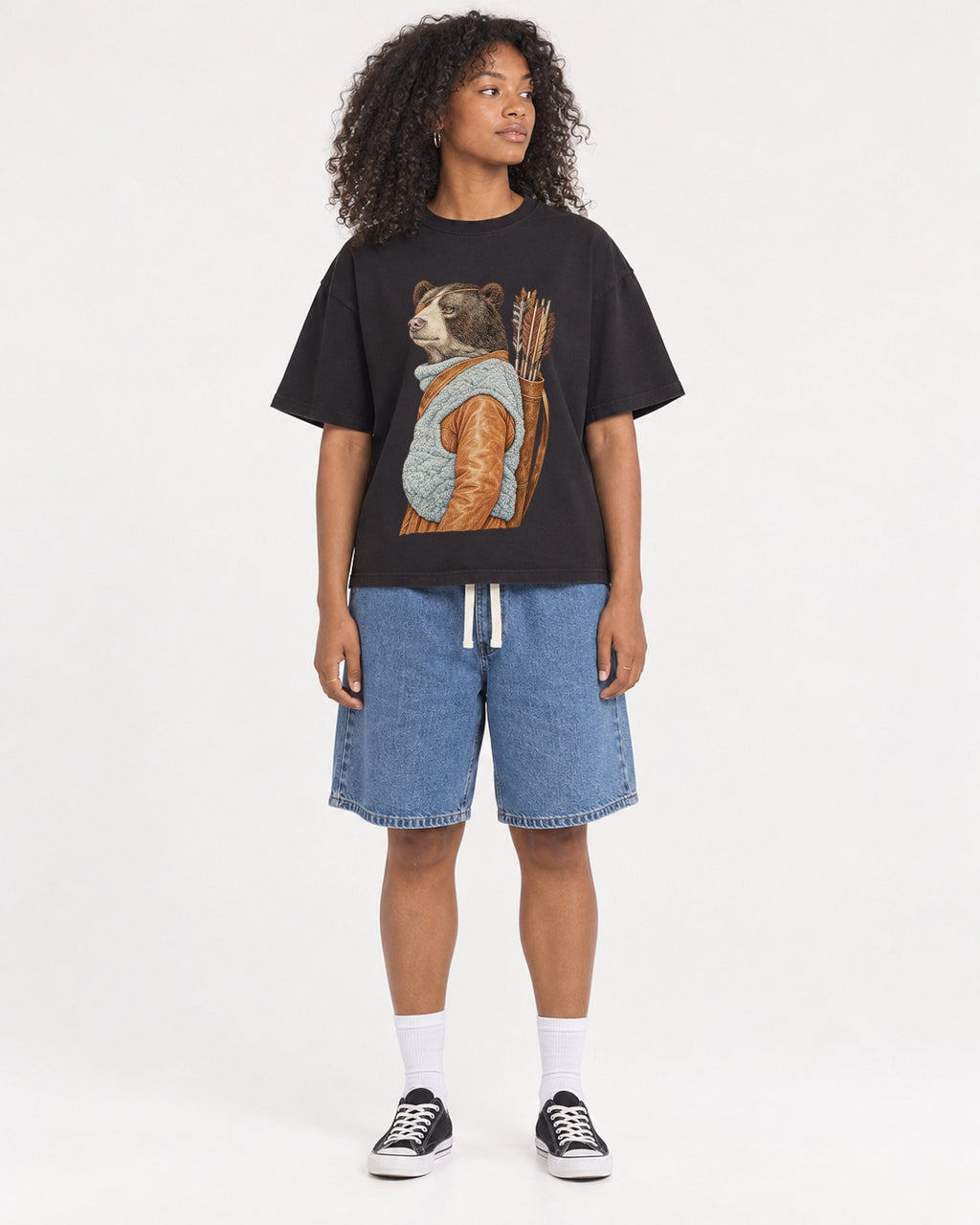 Mockup Boxy Heavyweight Tee Black female full-body 05