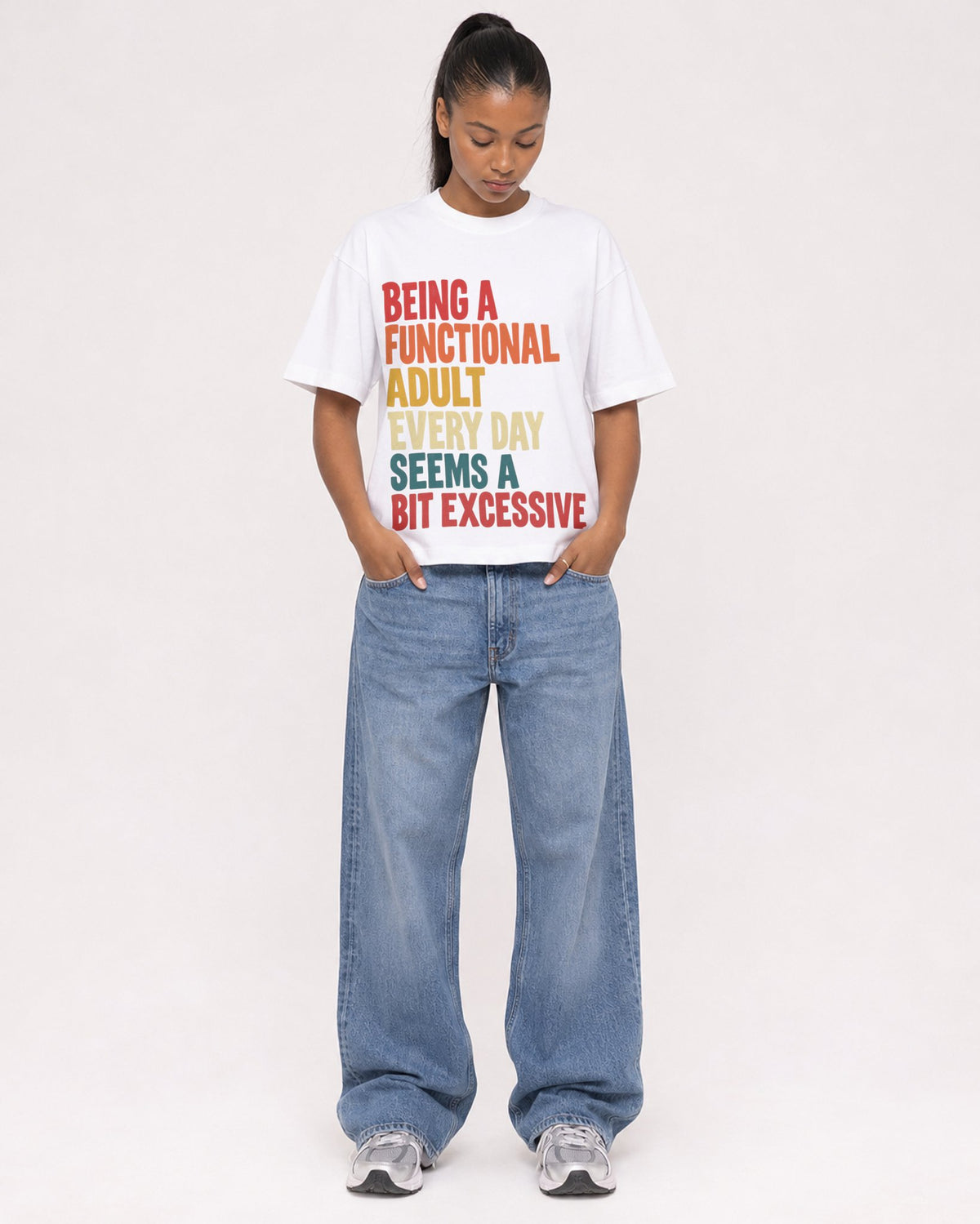 Mockup Boxy Heavyweight Tee White female full-body 25