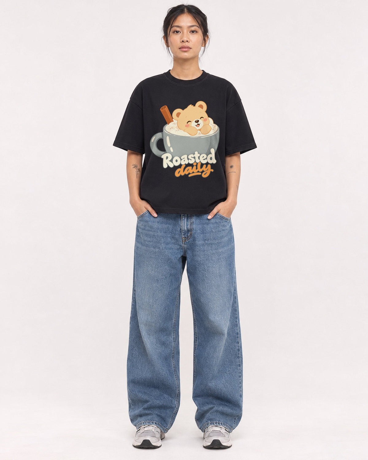 Mockup Boxy Heavyweight Tee Black female full-body 12