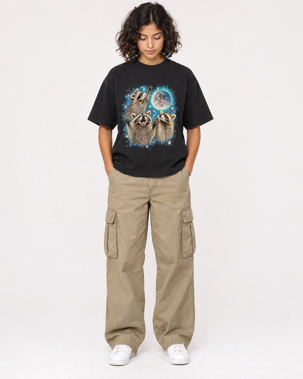 Mockup Boxy Heavyweight Tee Black female full-body 26
