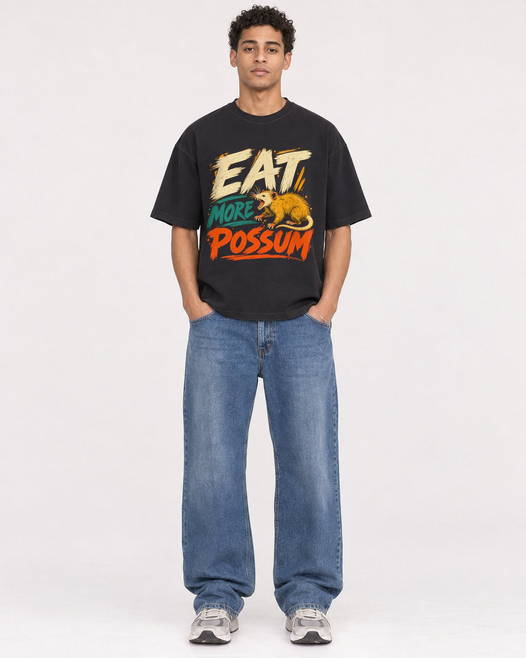 Mockup Boxy Heavyweight Tee Black male full-body 10
