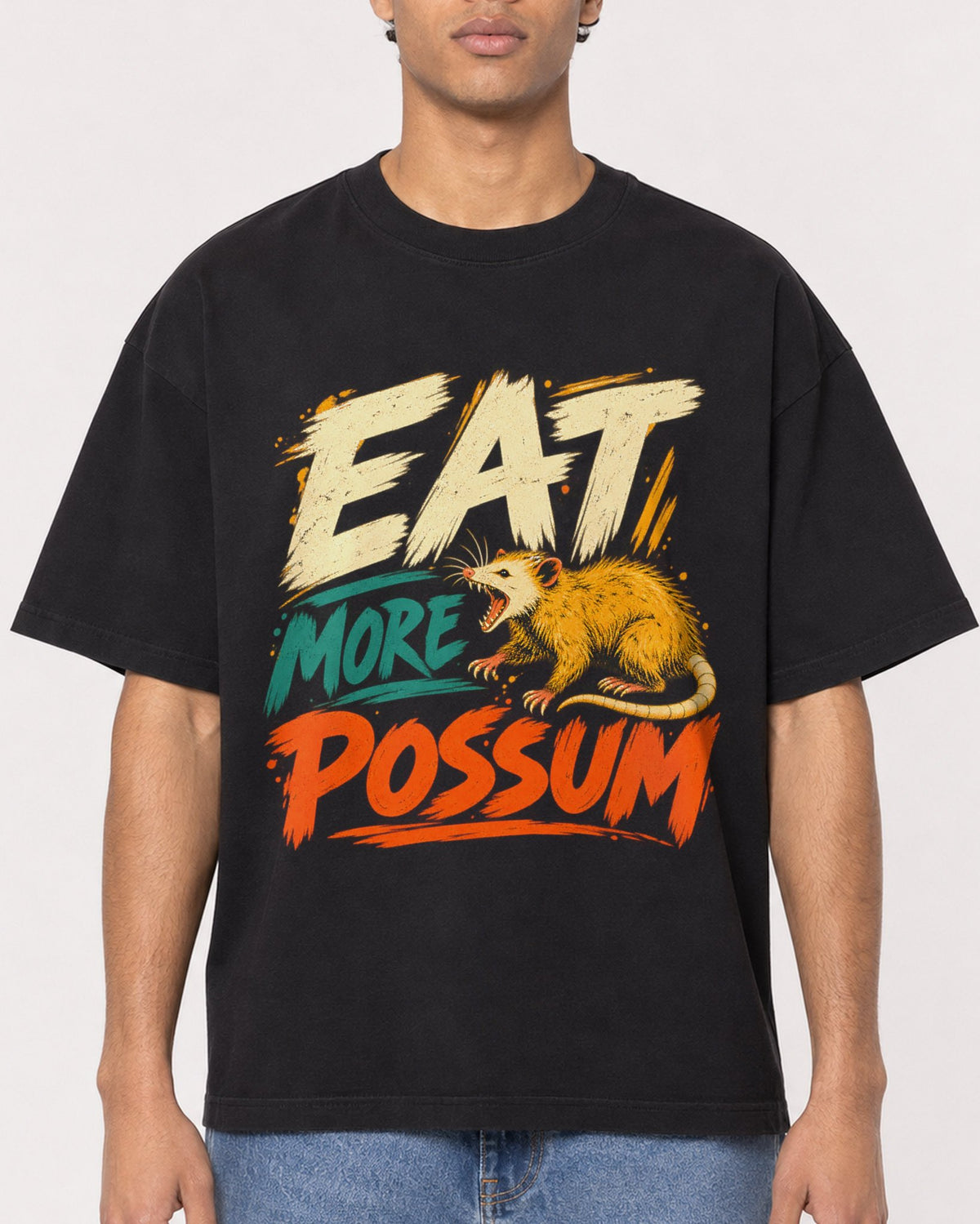 Mockup Boxy Heavyweight Tee Black male close-up 10