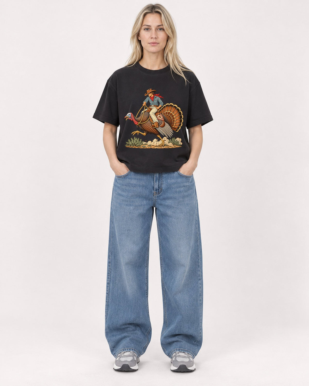 Mockup Boxy Heavyweight Tee Black female full-body 08
