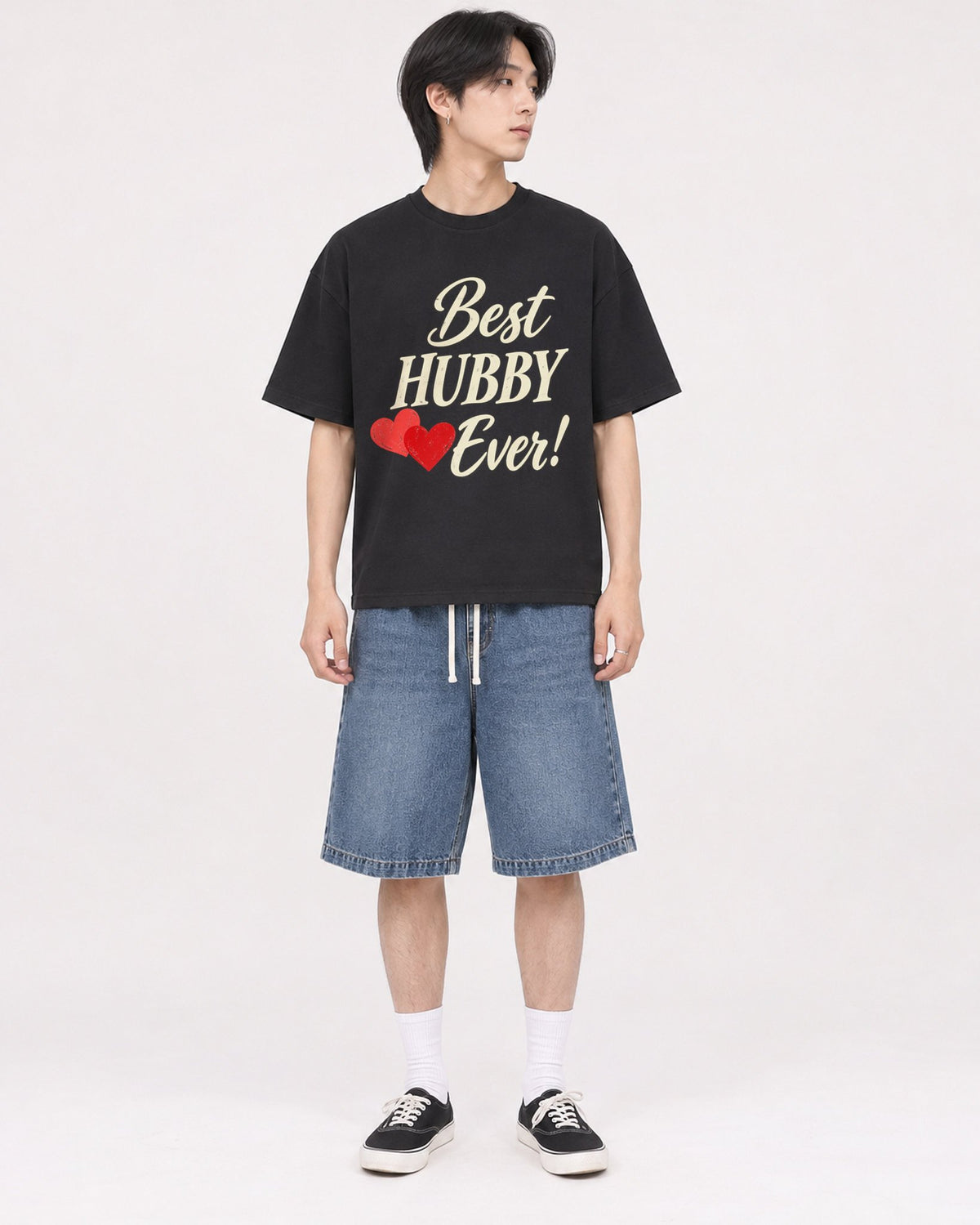 Mockup Boxy Heavyweight Tee Black male full-body 11