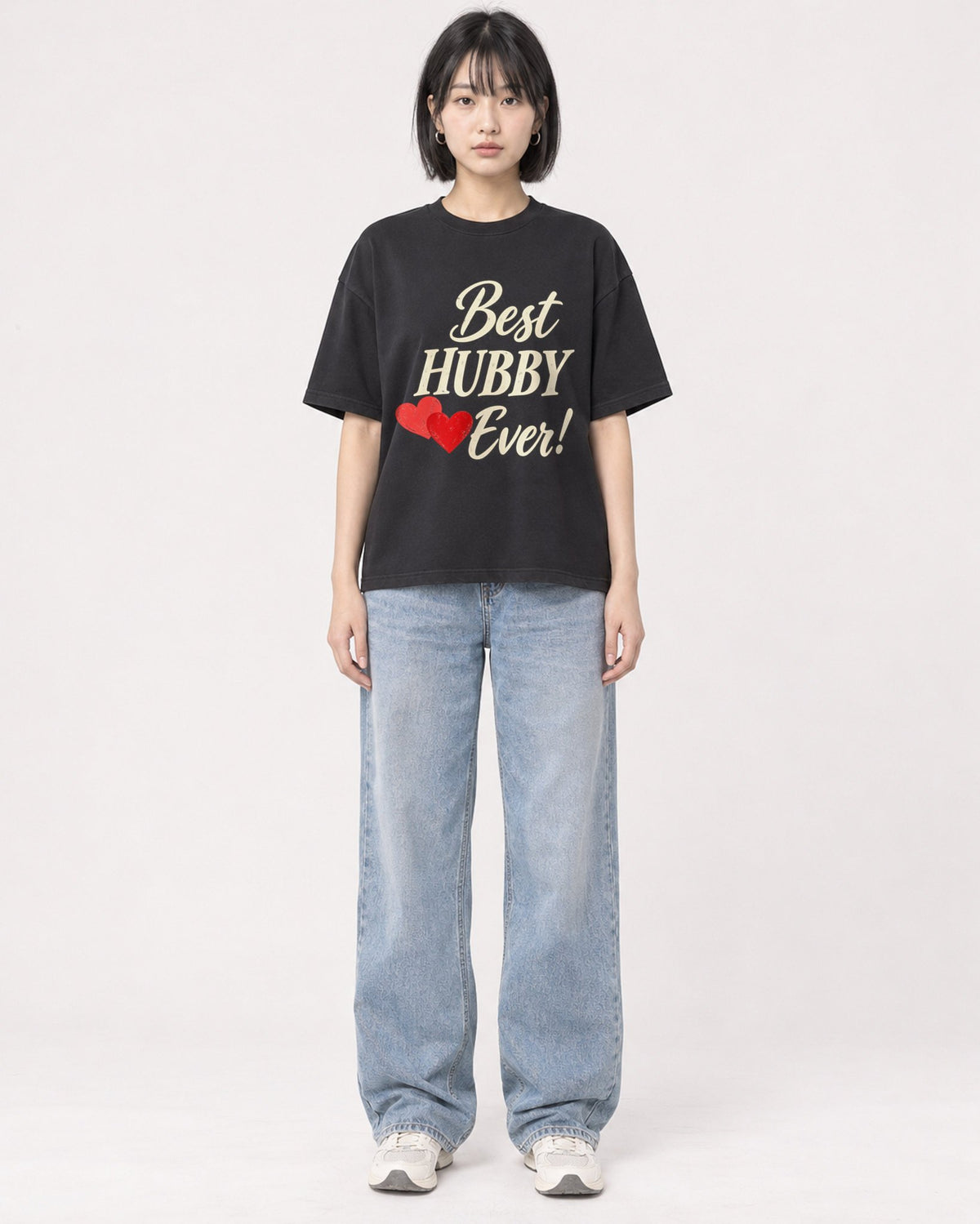 Mockup Boxy Heavyweight Tee Black female full-body 11