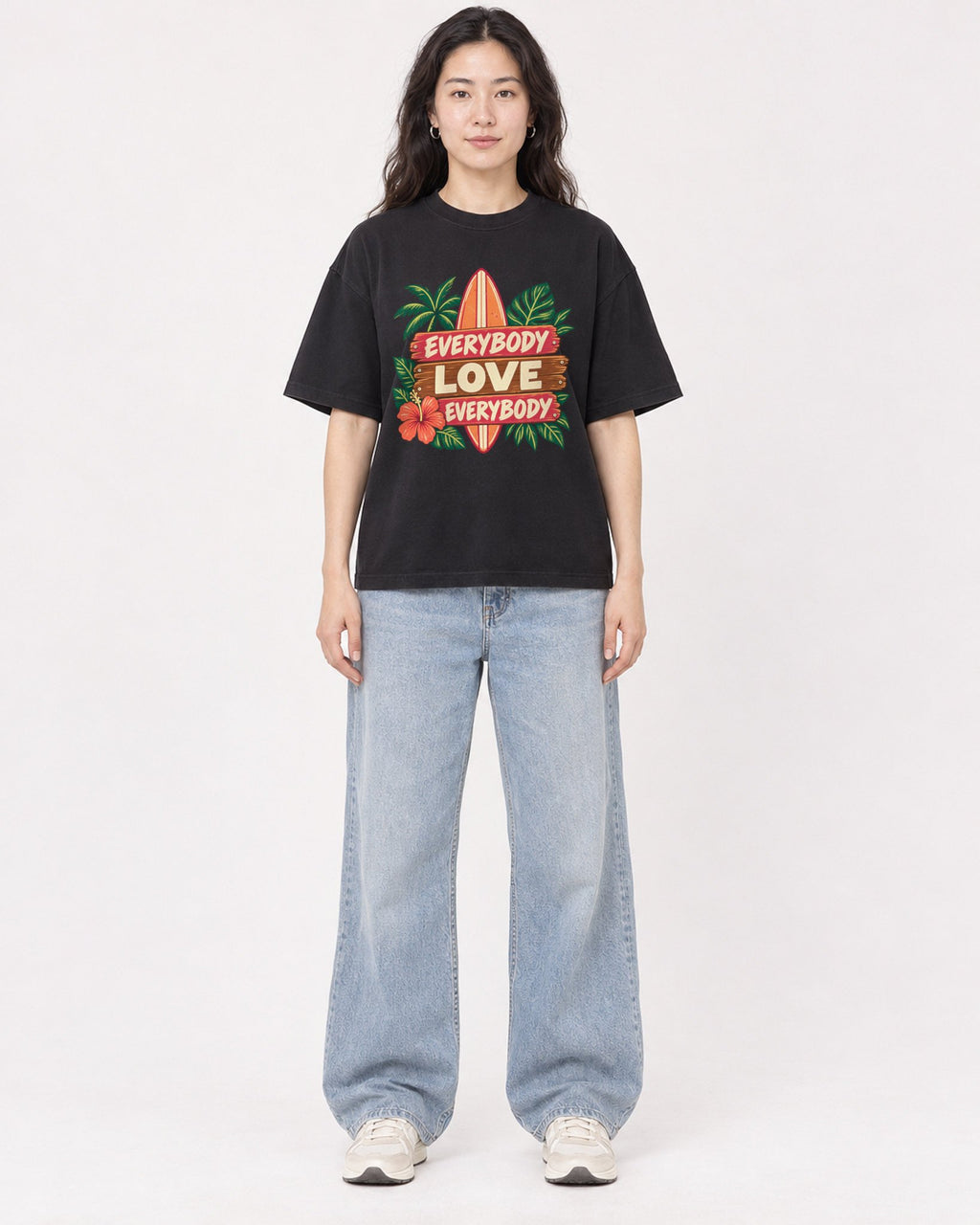 Mockup Boxy Heavyweight Tee Black female full-body 03