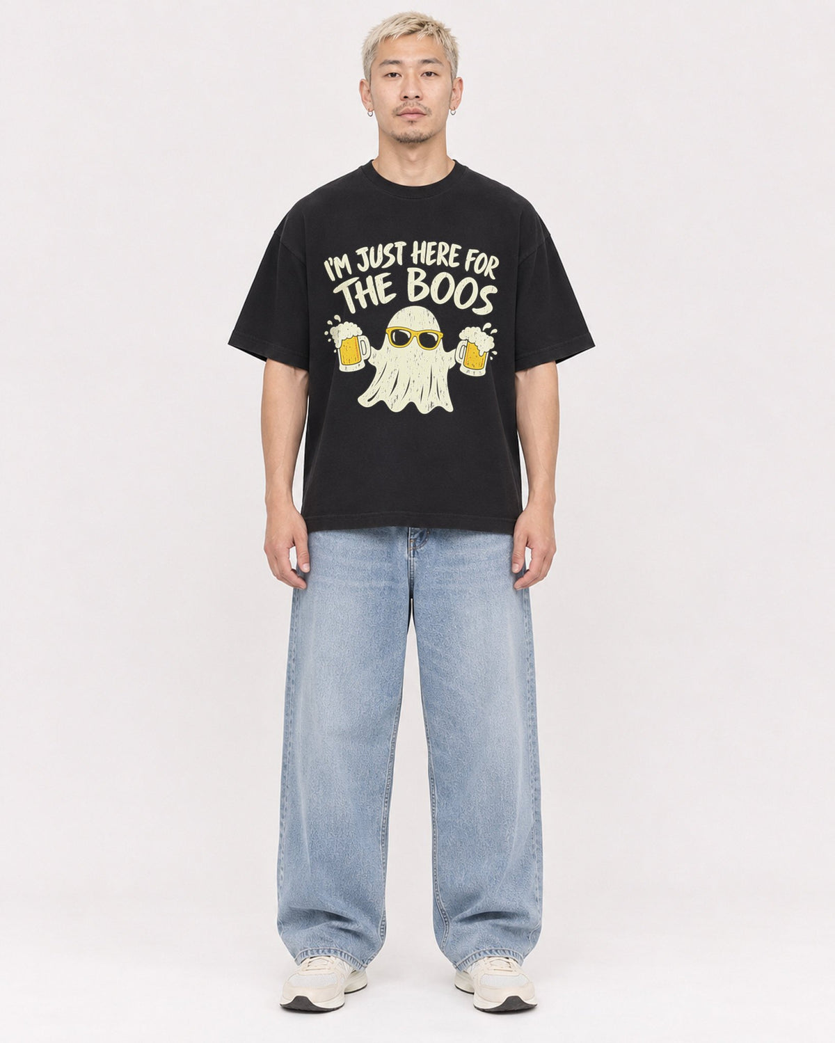Mockup Boxy Heavyweight Tee Black male full-body 33
