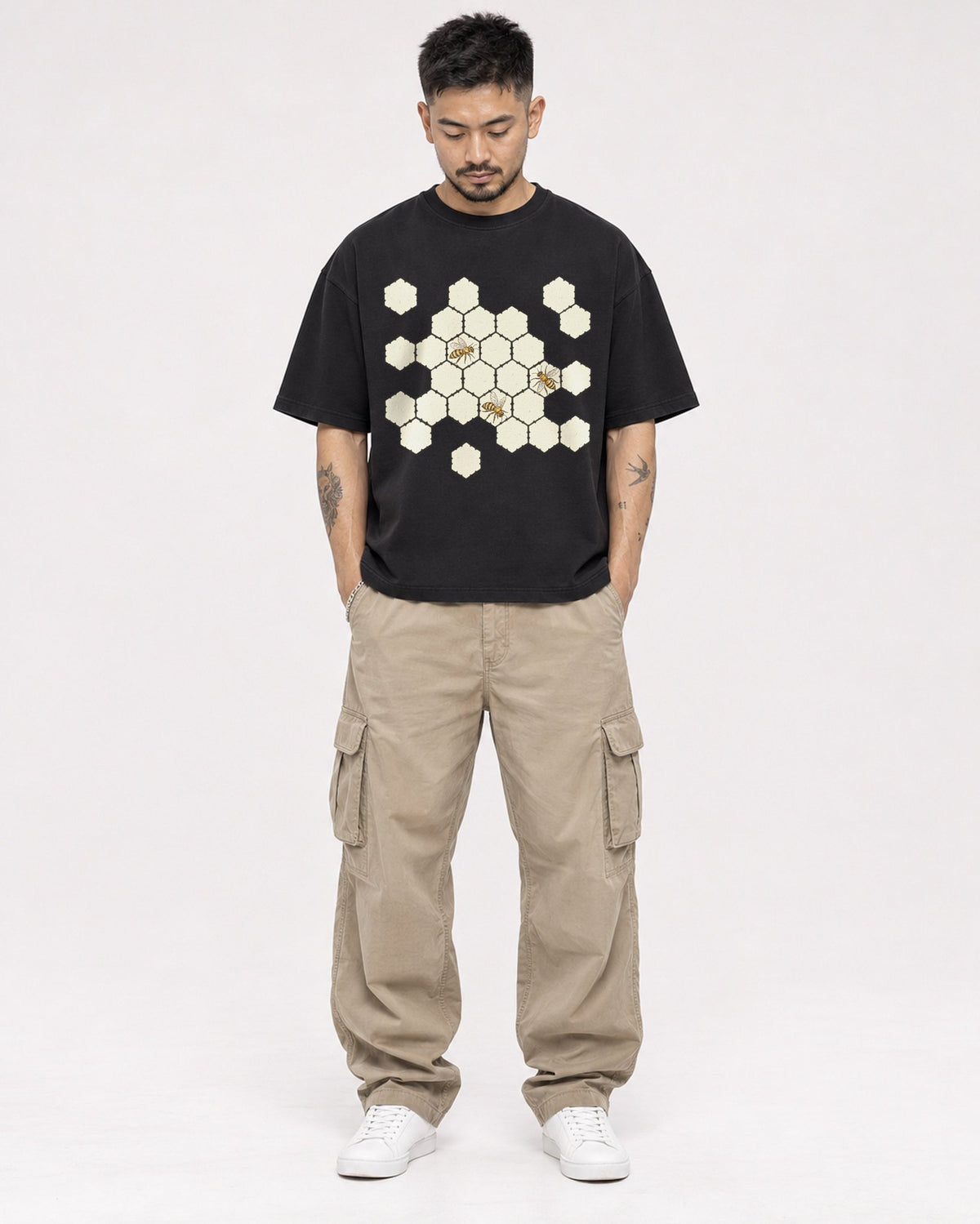 Mockup Boxy Heavyweight Tee Black male full-body 12