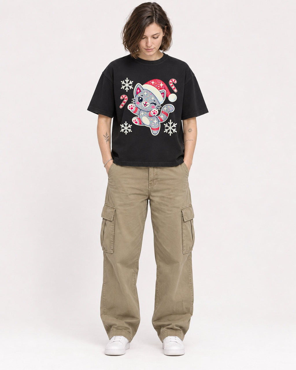 Mockup Boxy Heavyweight Tee Black female full-body 18