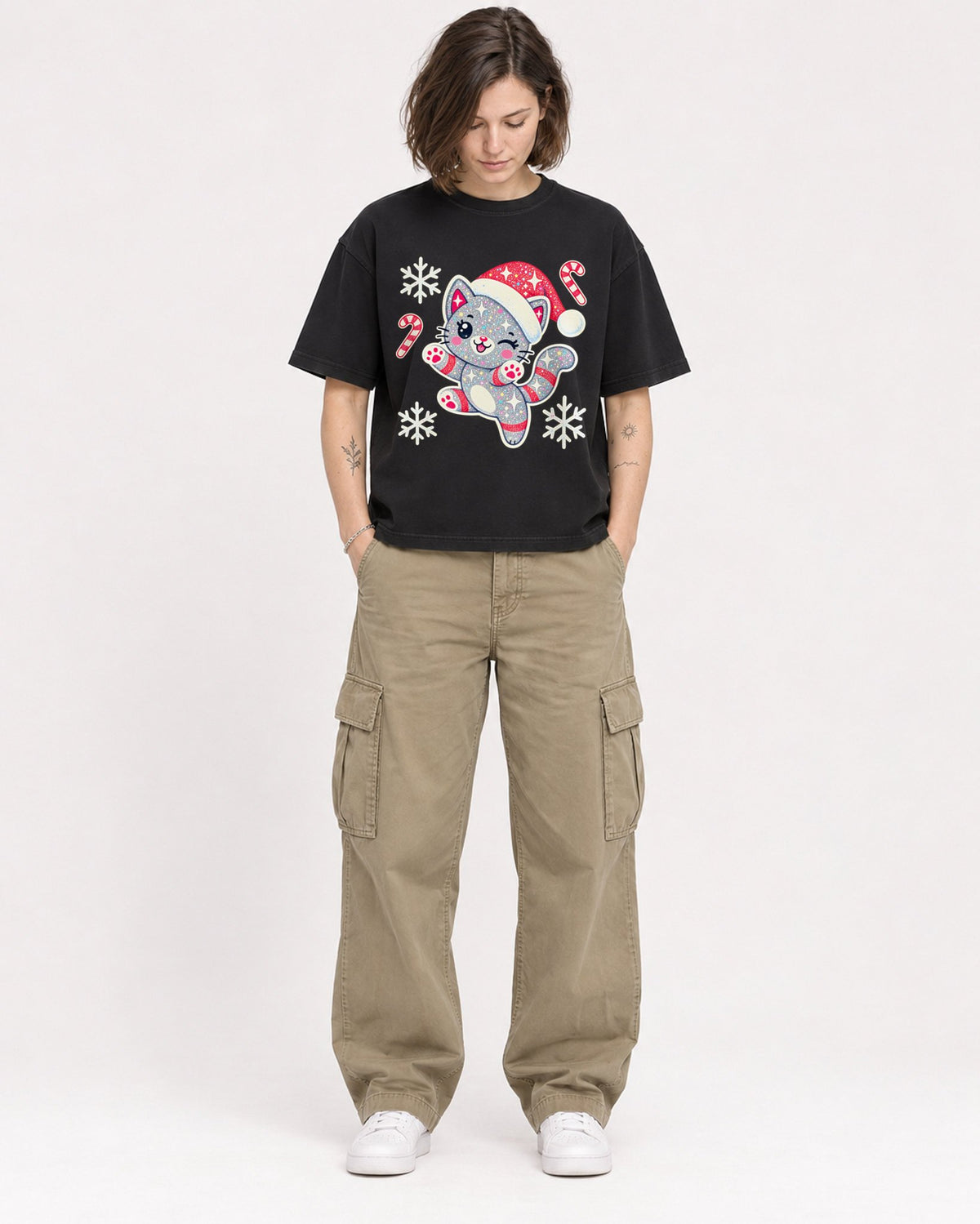 Mockup Boxy Heavyweight Tee Black female full-body 18