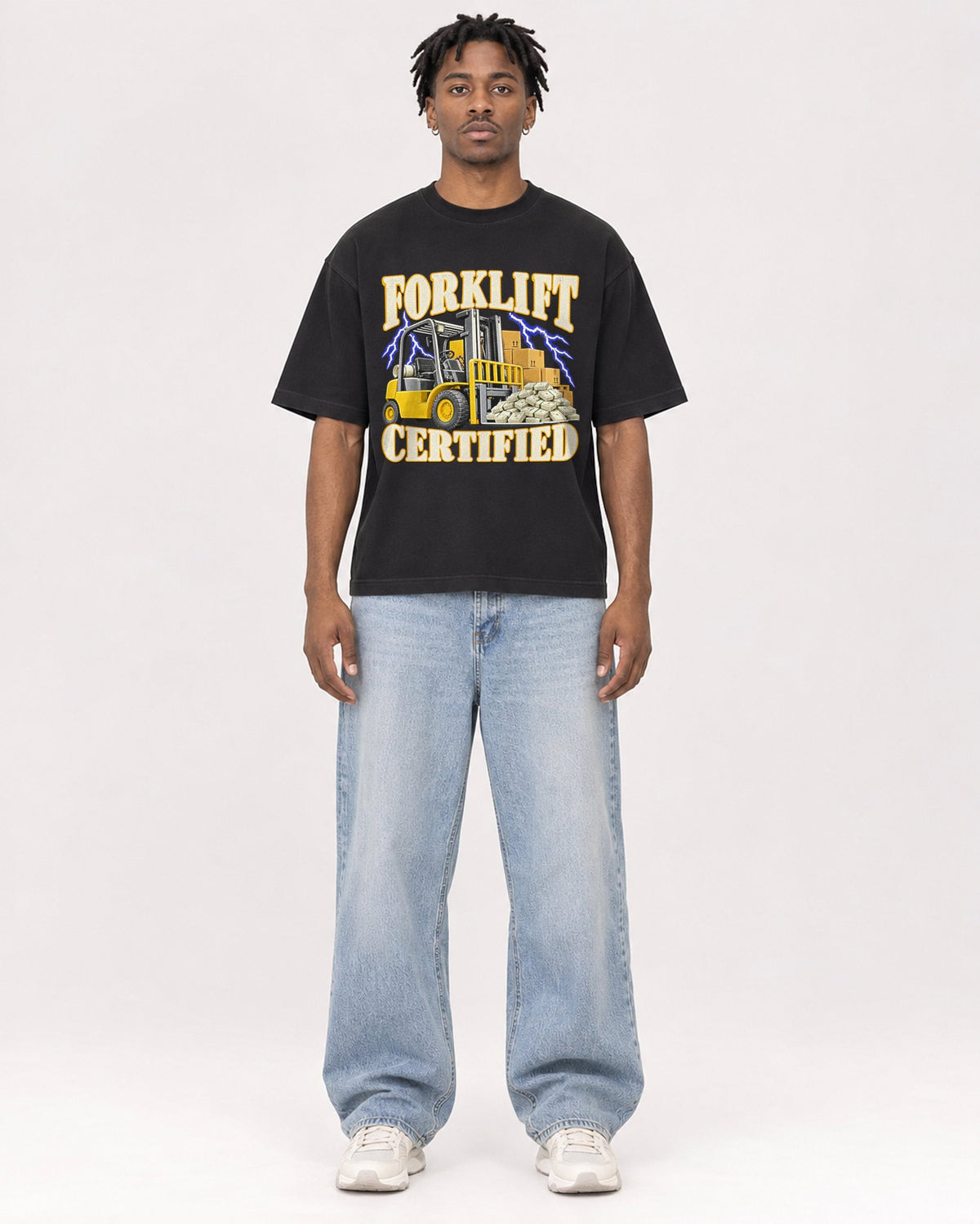 Mockup Boxy Heavyweight Tee Black male full-body 05