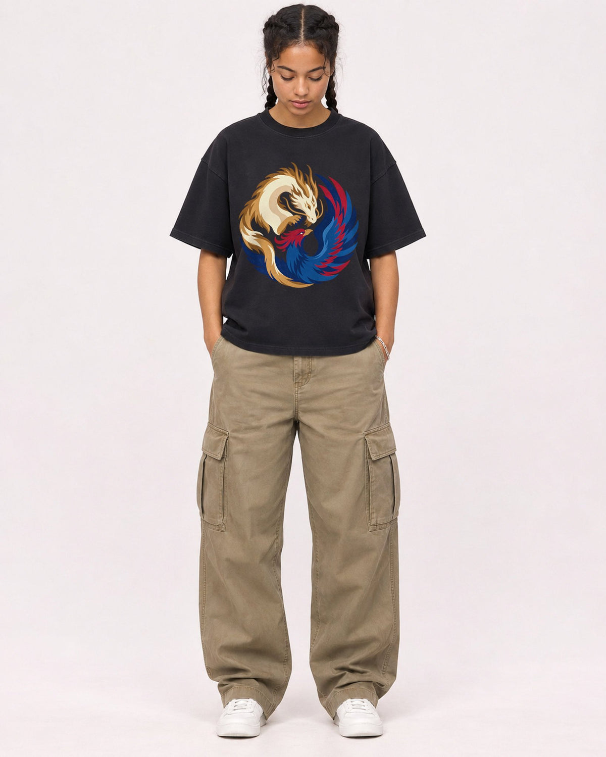 Mockup Boxy Heavyweight Tee Black female full-body 50