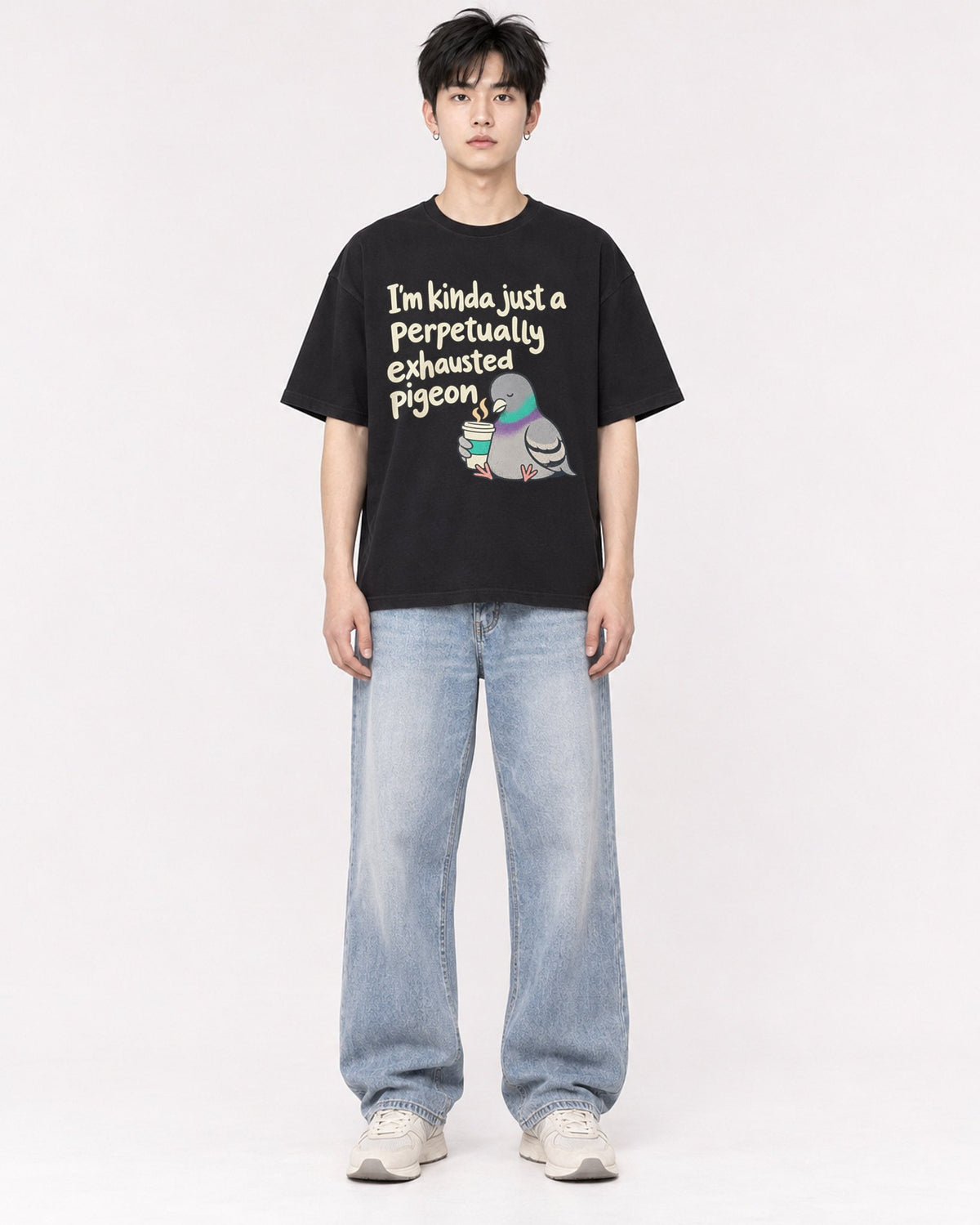 Mockup Boxy Heavyweight Tee Black male full-body 01