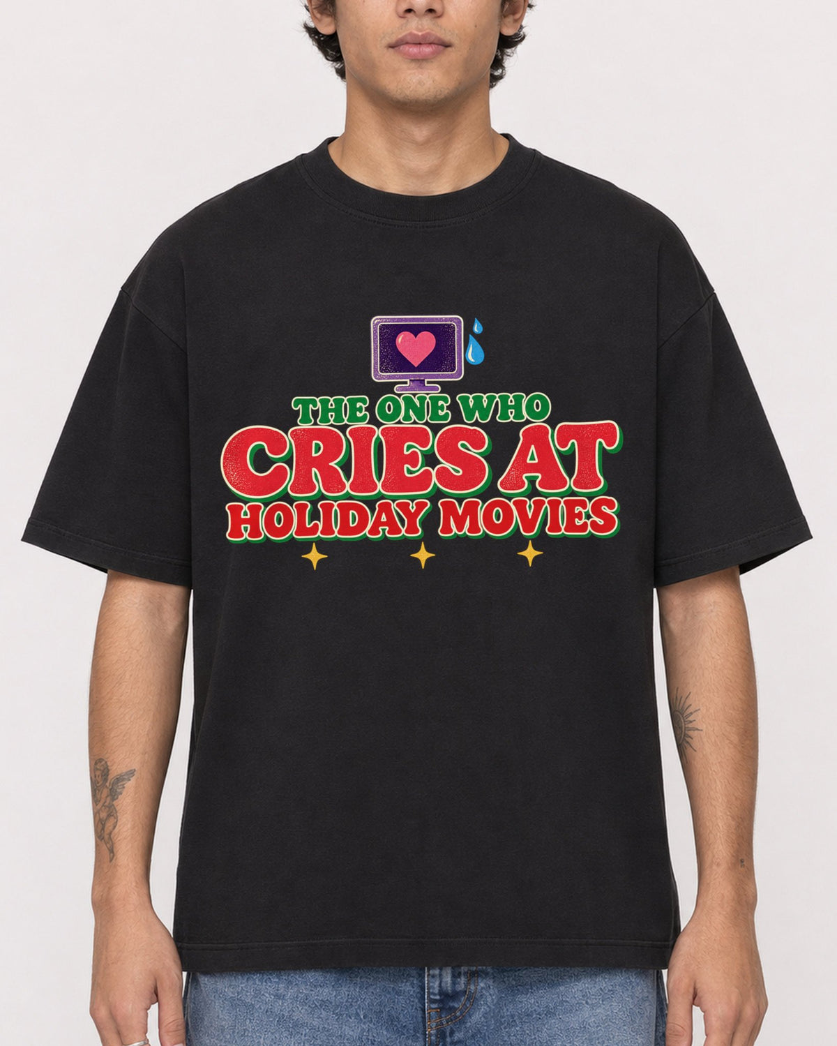Mockup Boxy Heavyweight Tee Black male close-up 06